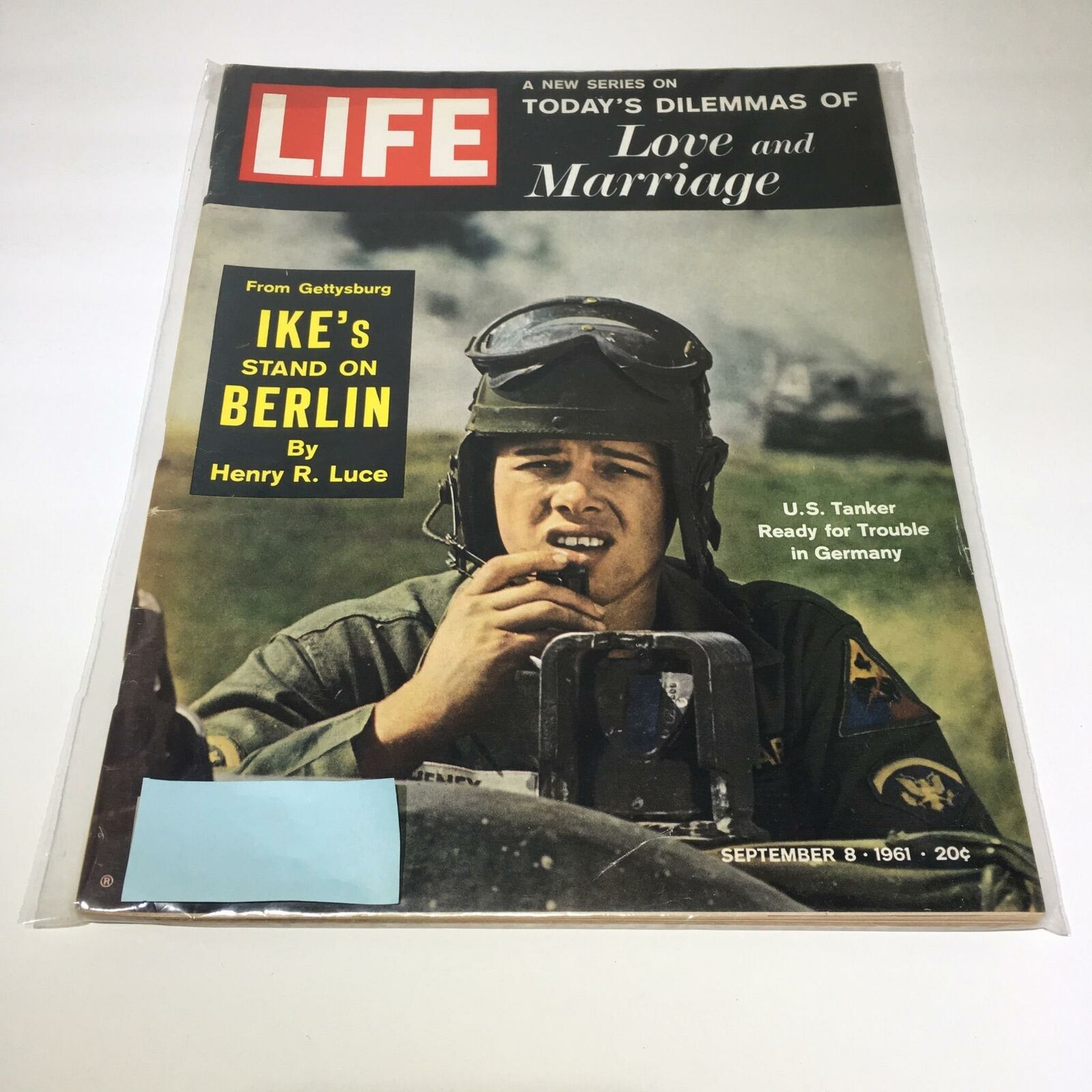Cover of VTG Life Magazine from September 8, 1961, featuring the title 'U.S. Tanker Ready For Trouble in Germany', showcasing a soldier with a tank, symbolizing military readiness during the Cold War era.