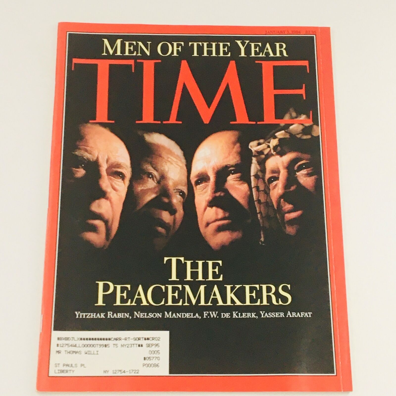 Time Magazine January 5 1994 Yitzhak Rabin, Nelson Mandela, FW De Klerk & Arafat