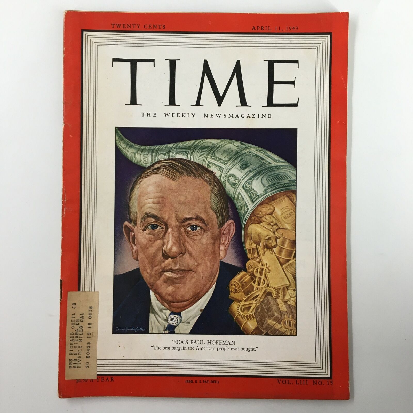 VTG Time Magazine April 11 1949 Vol. 53 No. 15 ECA's Paul Hoffman