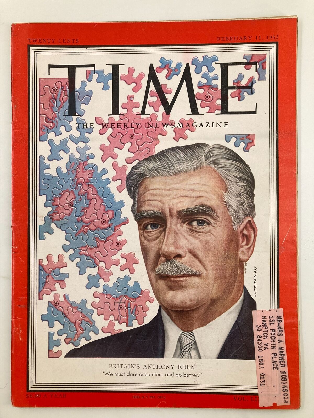 VTG Time Magazine February 11 1952 Vol 59 #6 Britain's Anthony Eden