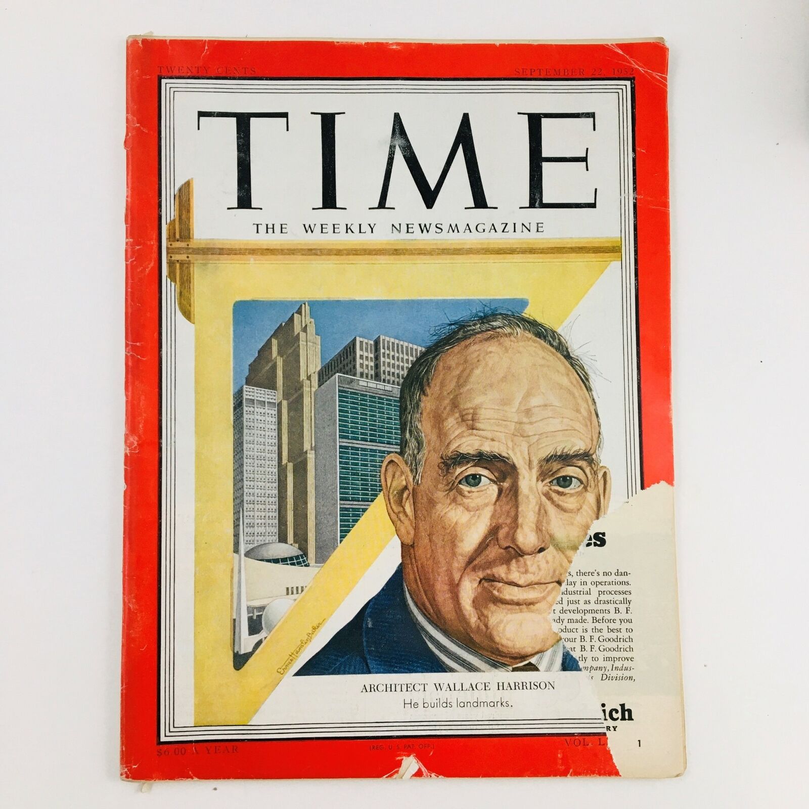 Time Magazine September 22 1952 Vol. 60 No. 12 Arch. Wallace Harrison No Label