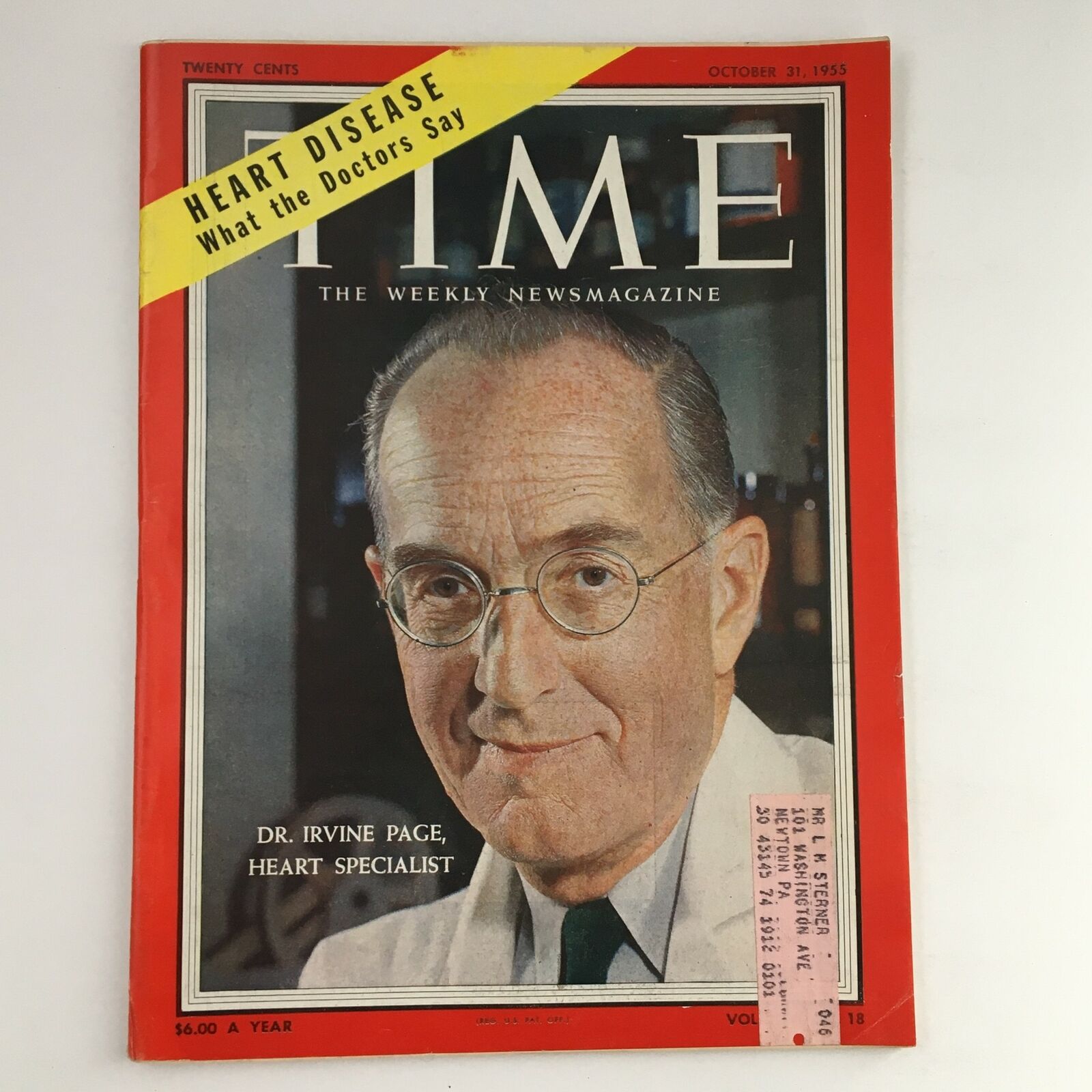 Time Magazine October 31 1955 Vol. 66 No. 18 Dr. Irvine Page Heart Specialist