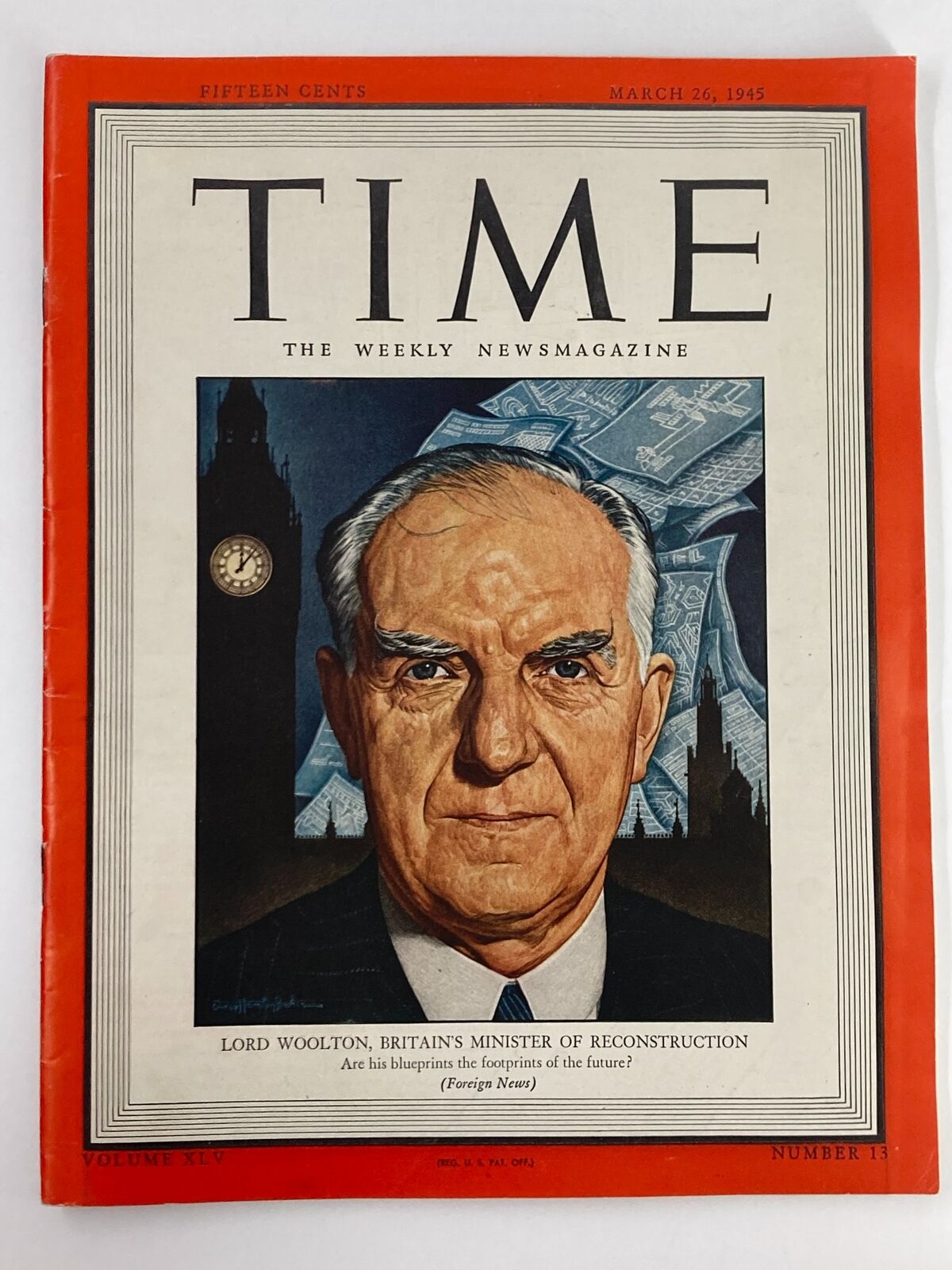 VTG Time Magazine March 26 1945 Vol 45 #13 Lord Woolton No Label