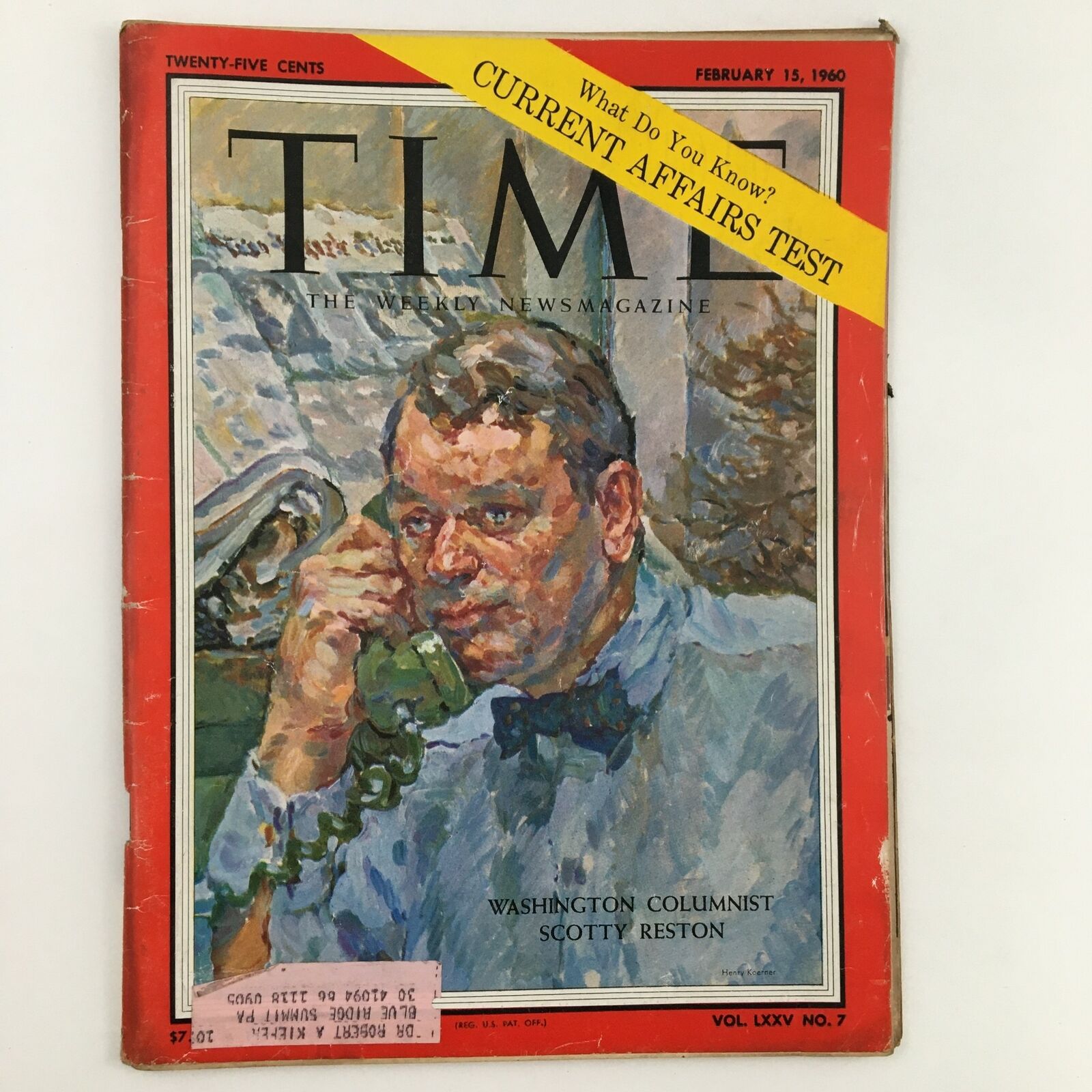 Time Magazine February 15 1960 Vol. 75 No. 7 Washington Columnist Scotty Reston