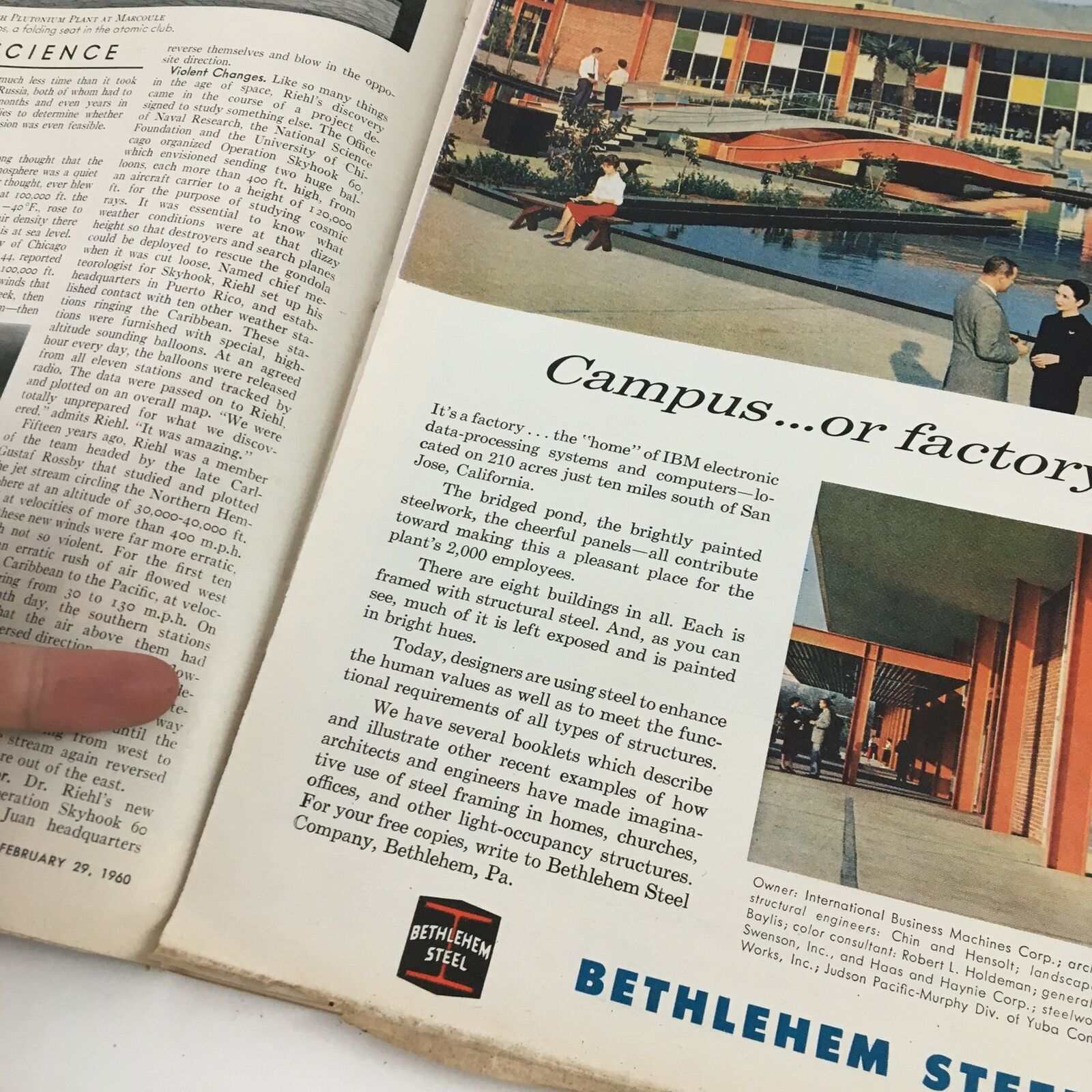Another page from the February 29, 1960 Time Magazine discussing architectural styles and the influence of design in workplaces during the early 1960s.