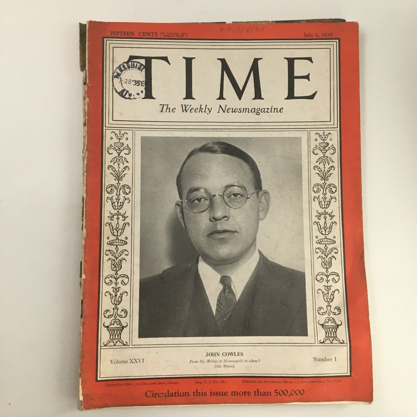 Time Magazine July 1 1935 Vol 26 #1 Newspaper & Magazine Publisher John Cowles