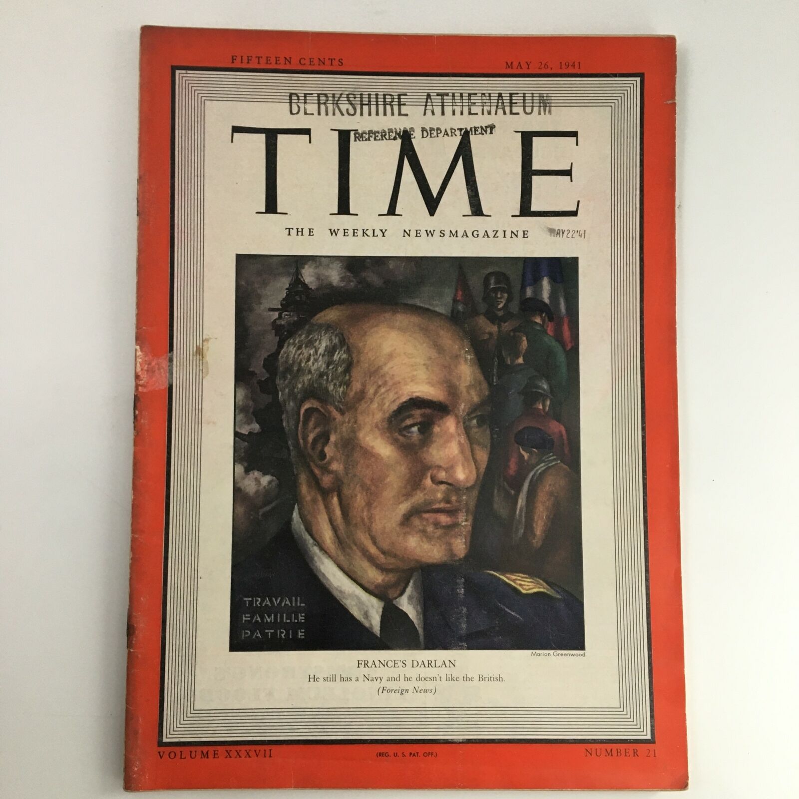 Time Magazine May 26 1941 Vol 37 #21 French Admiral François Darlan, No Label