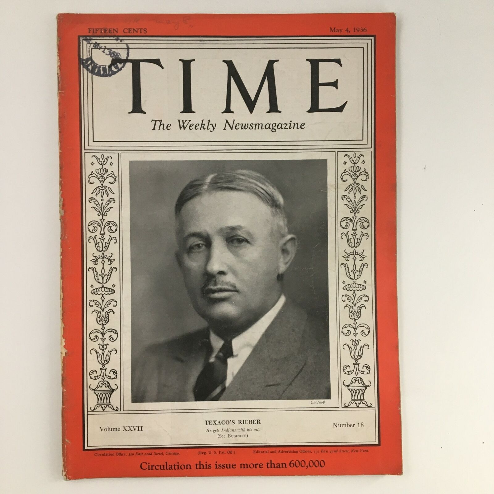 Time Magazine May 4 1936 Vol 27 #18 Texas Company Chairman Torkild Rieber