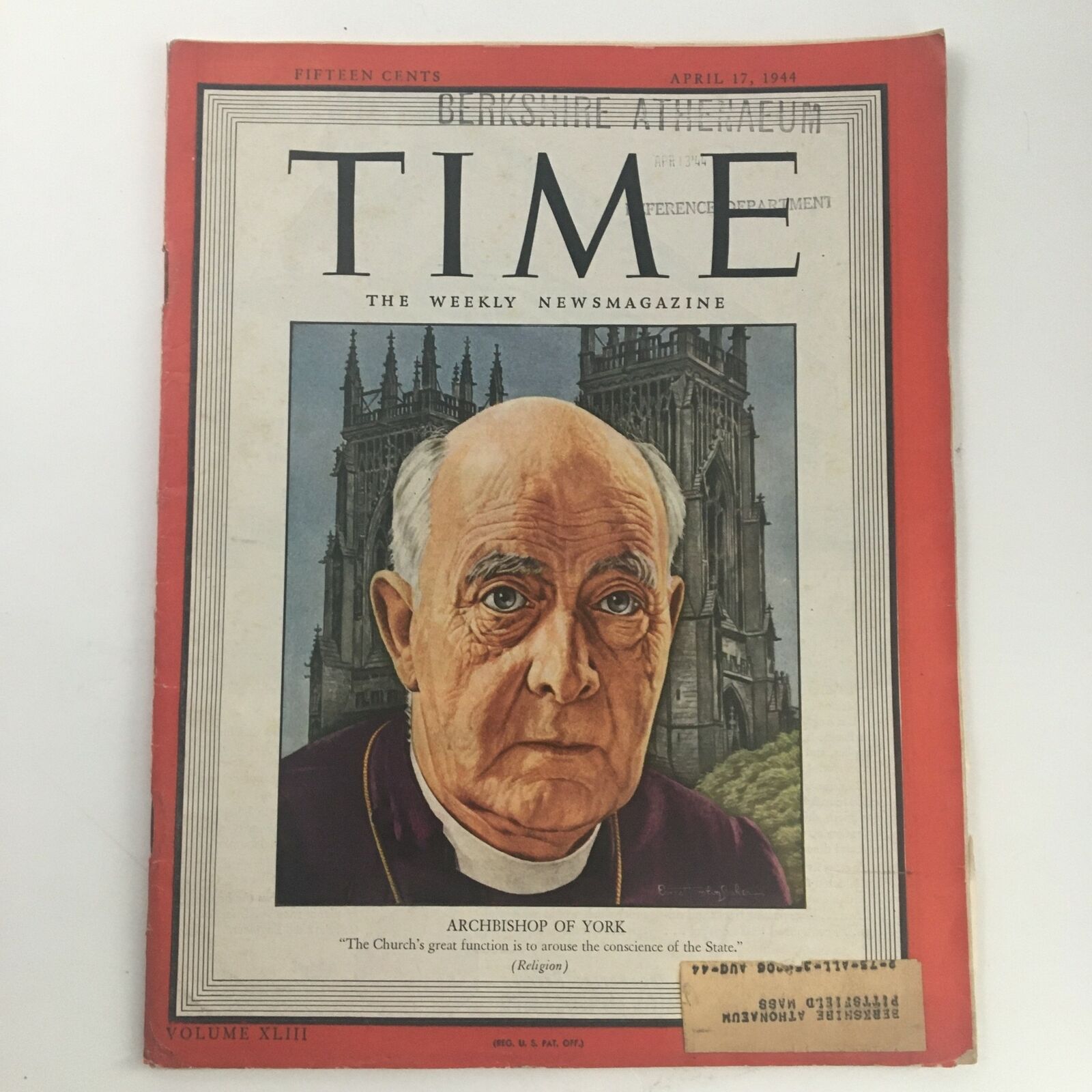 Time Magazine April 17 1944 Vol 43 #16 York Archbishop Cyril Garbett