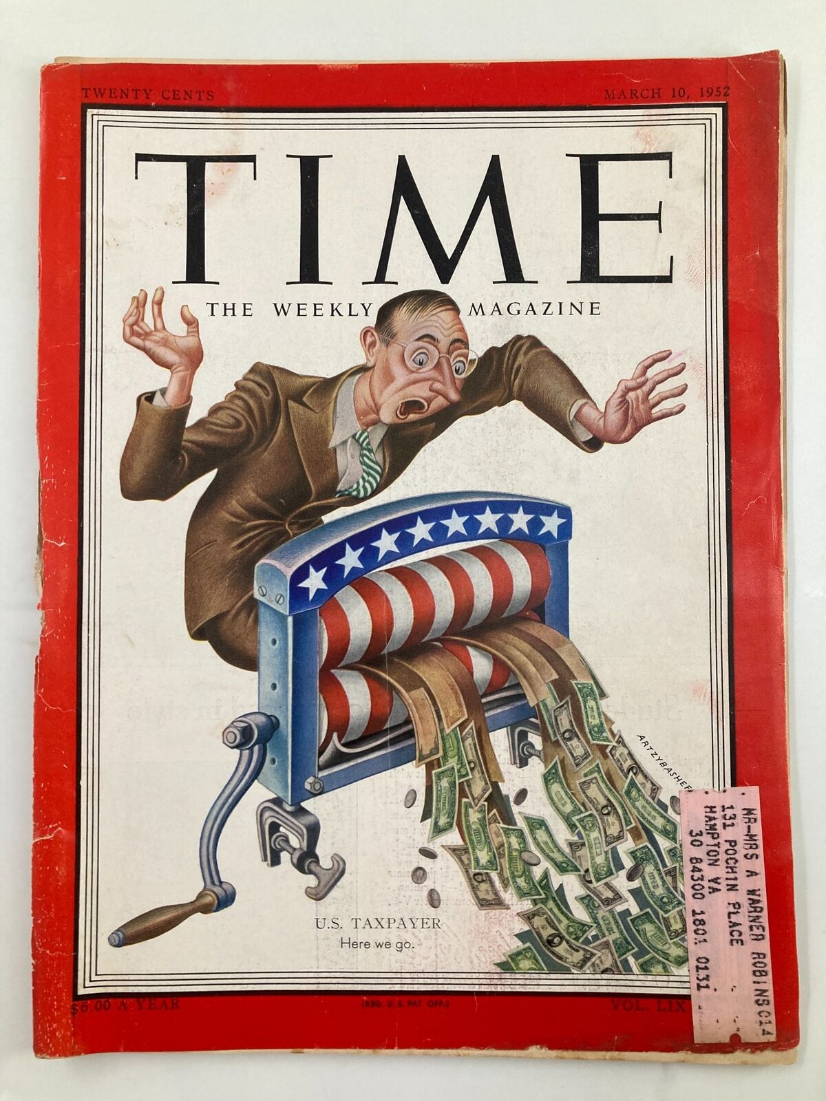 VTG Time Magazine March 10 1952 Vol 59 #10 U.S. Taxpayer Here We Go