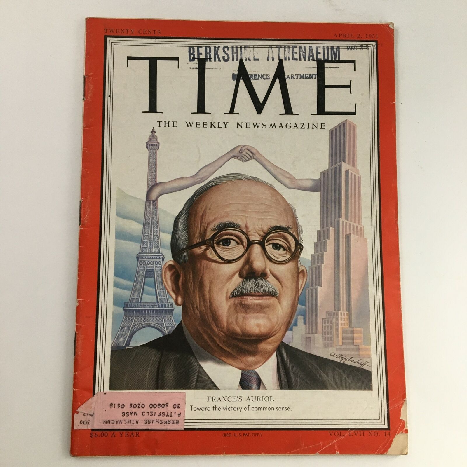 Time Magazine April 2 1951 Vol 57 #14 Former Pres. Vincent Jules Auriol