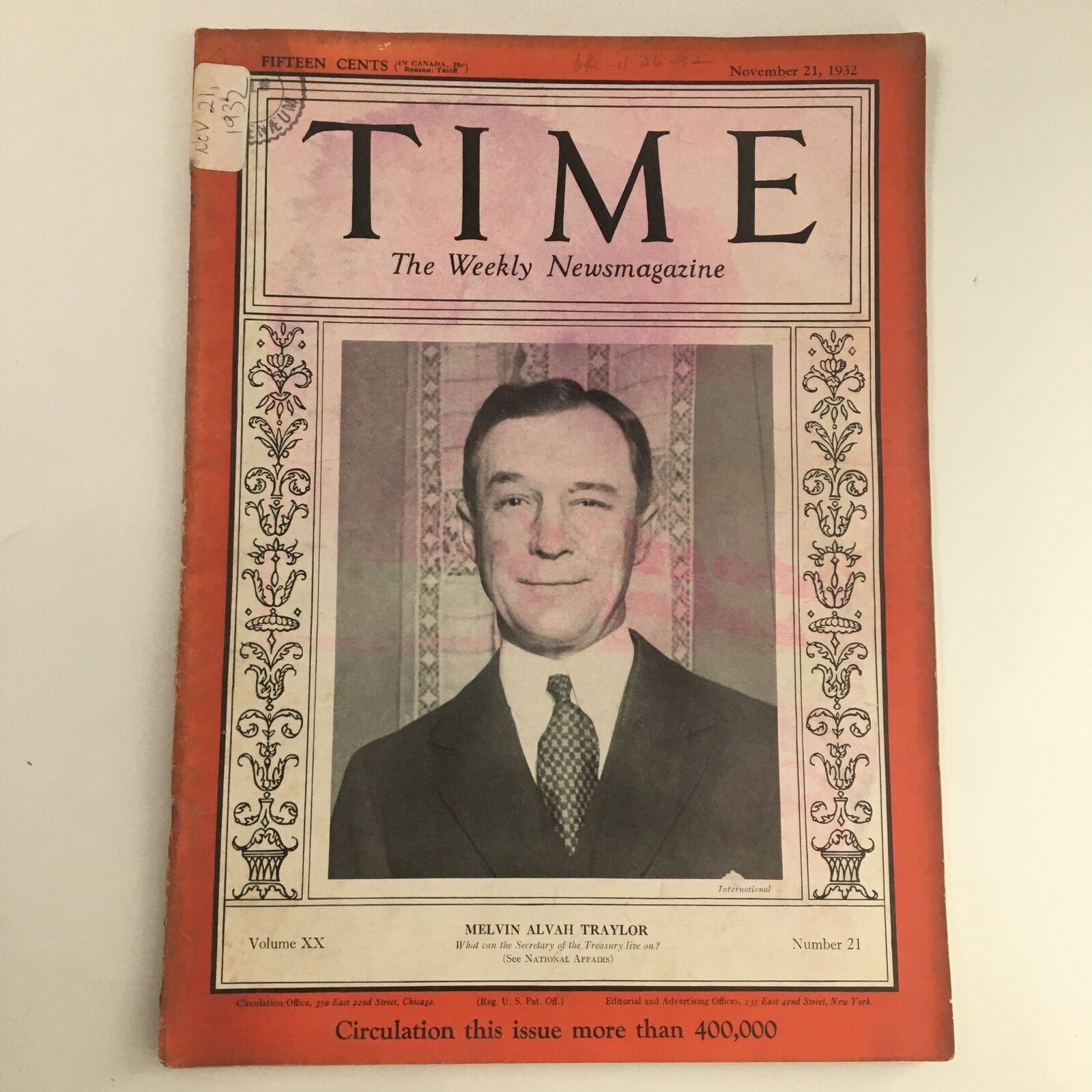 Time Magazine November 21 1932 Vol 20 #21 Banker & Lawyer Melvin Alvah Traylor