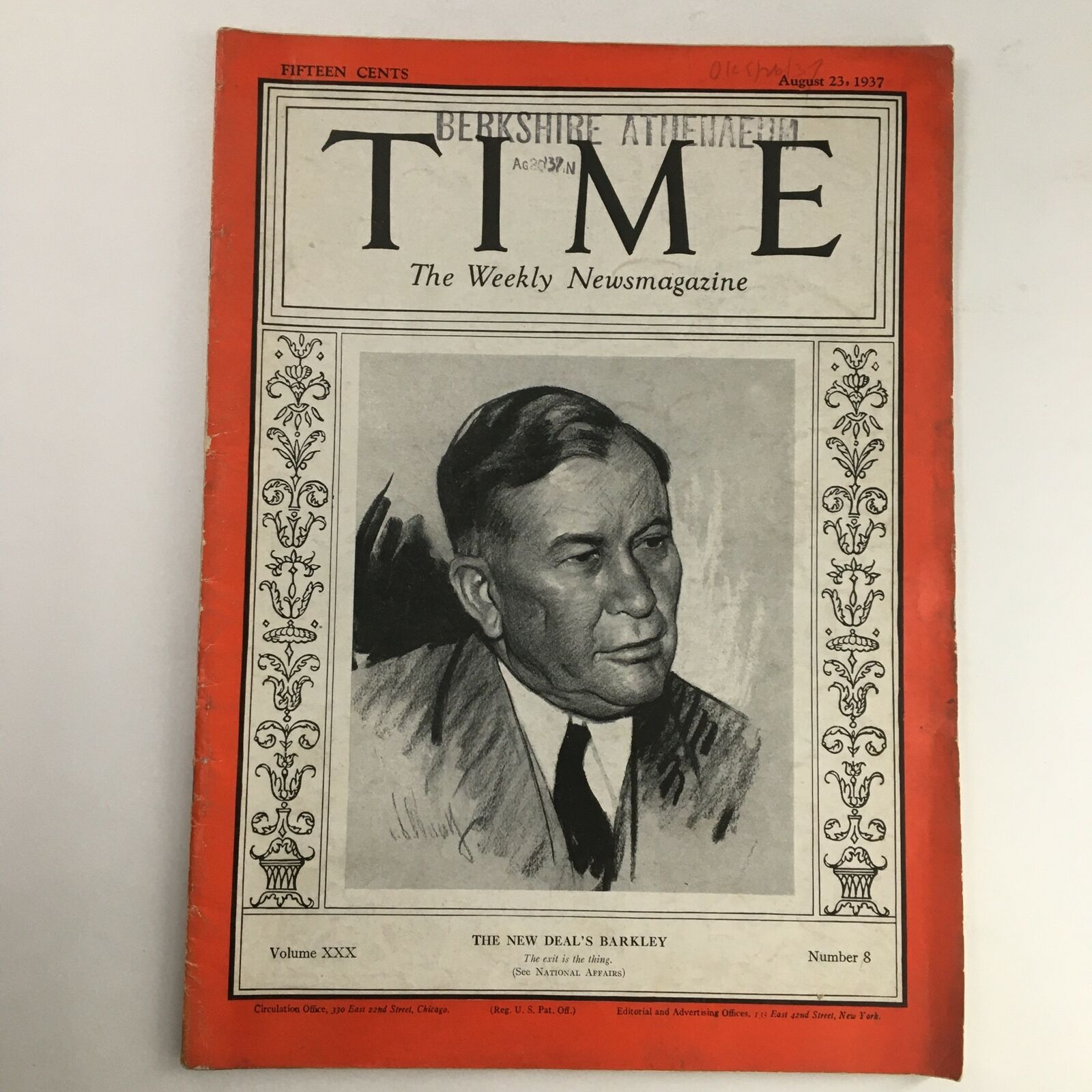 Time Magazine August 23 1937 Vol 30 #8 American Lawyer Alben W. Barkley