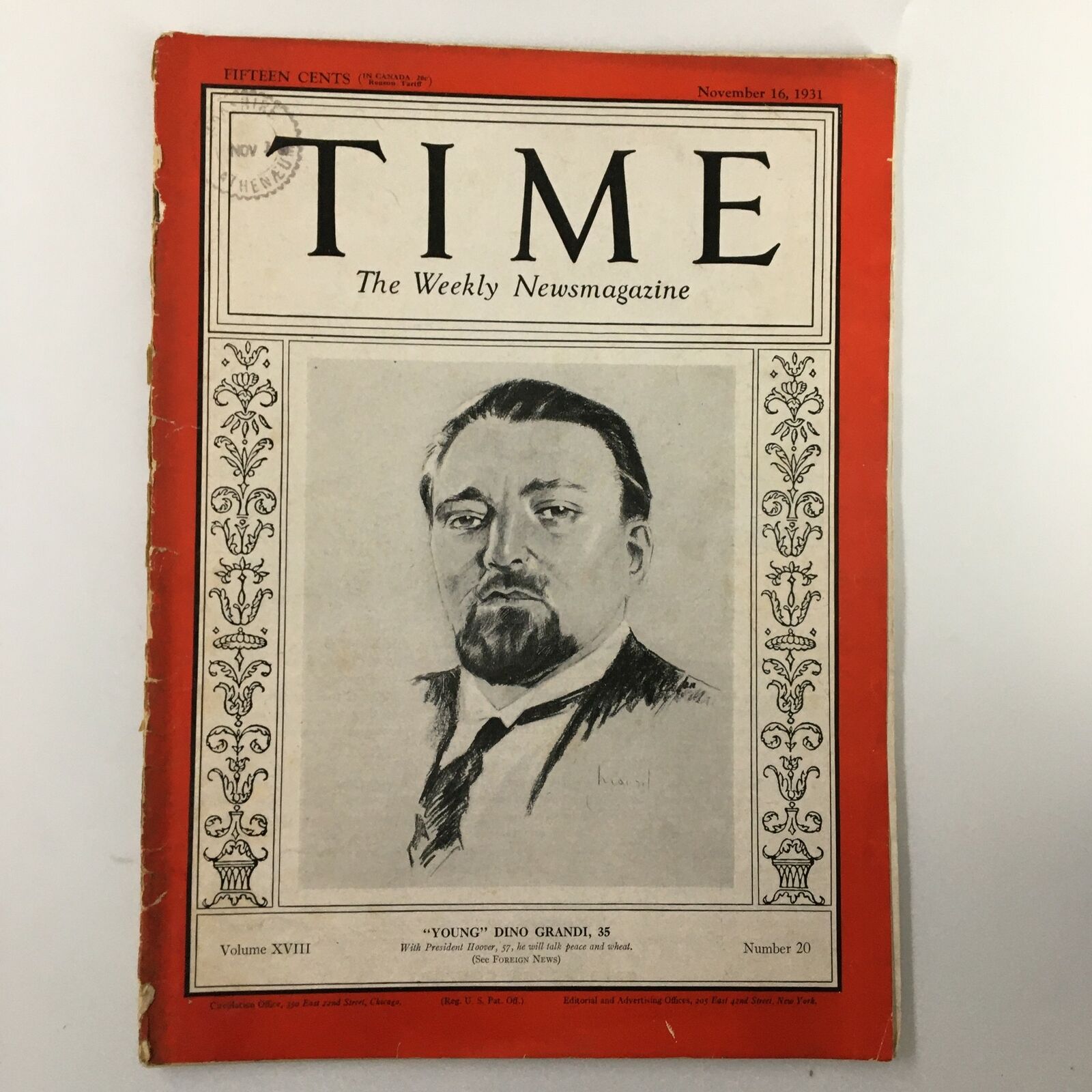 VTG Time Magazine November 16 1931 Vol. 18 No. 20 The Young Dino Grandi at 35