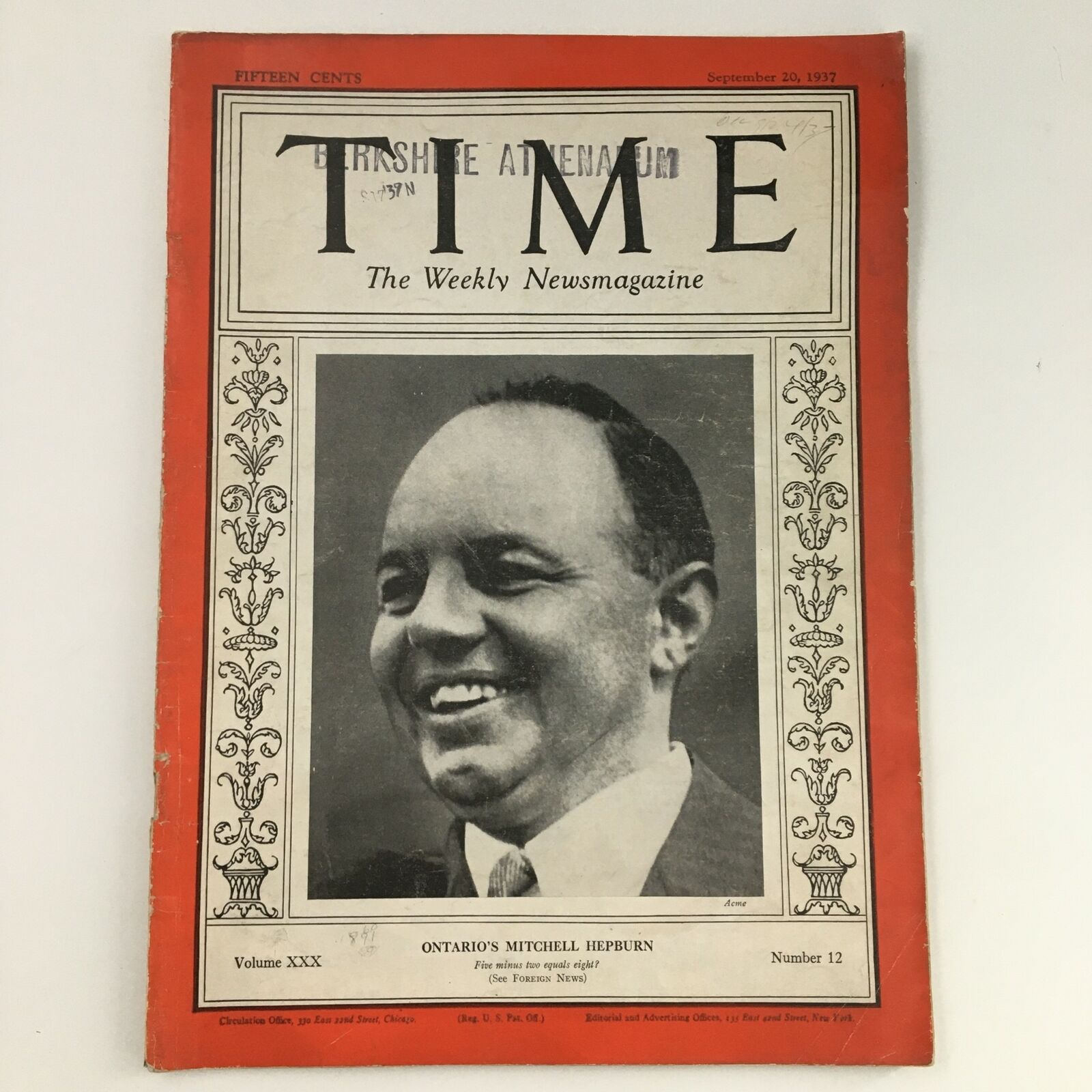 Time Magazine September 20 1937 Vol 30 #12 Premier Mitchell Hepburn of Ontario