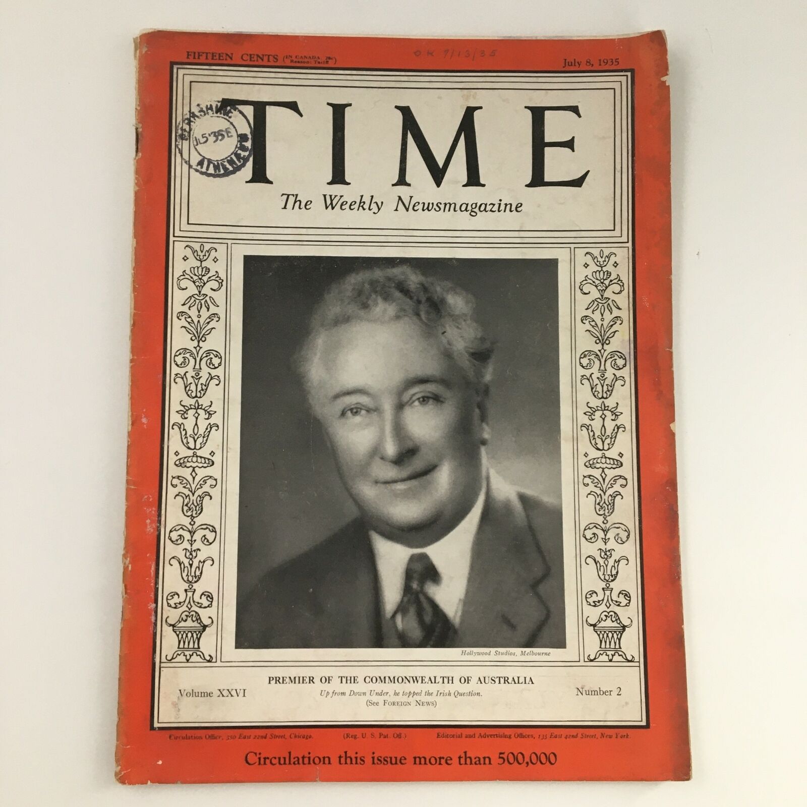 Time Magazine July 8 1935 Vol 26 #2 Prime Minister Joseph Lyons of Australia