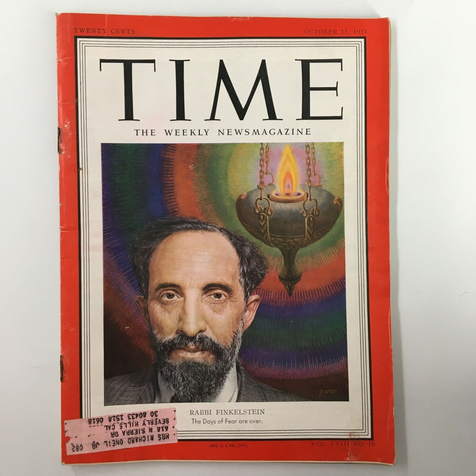 VTG Time Magazine October 15 1951 Vol. 58 No. 16 Rabbi Louis Finkelstein