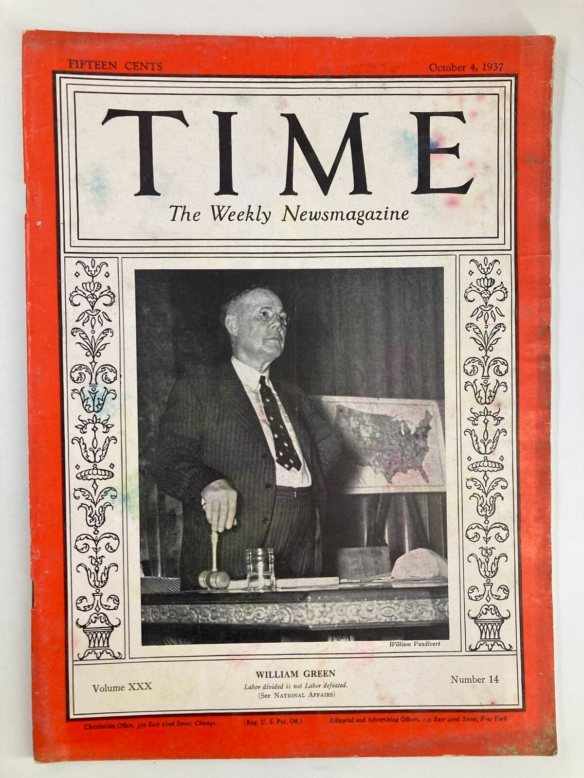 VTG Time Magazine October 4 1937 Vol 30 No. 14 William Green