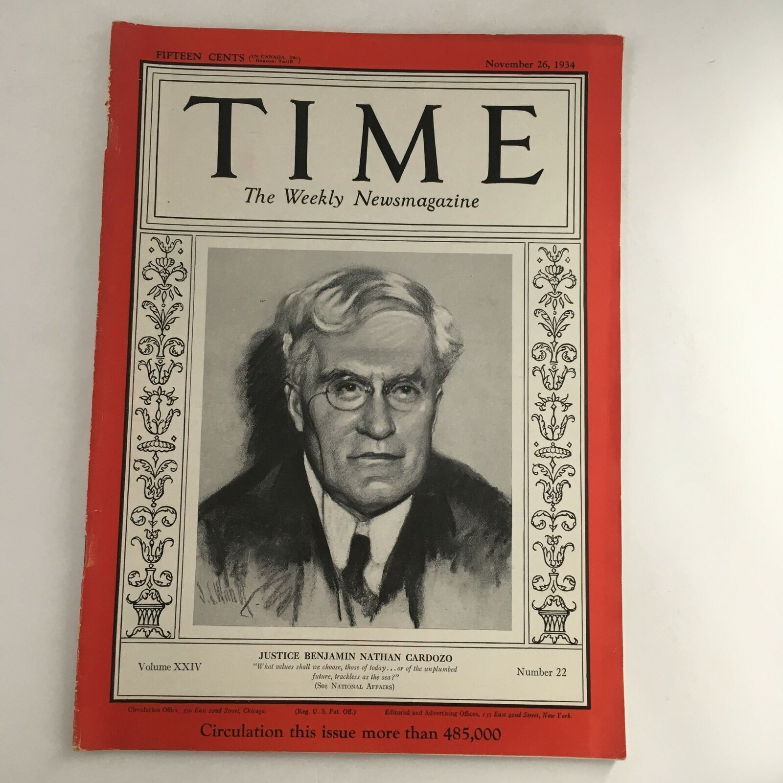 Time Magazine November 26 1934 Vol 24 #22 Justice Benjamin Nathan Cardozo