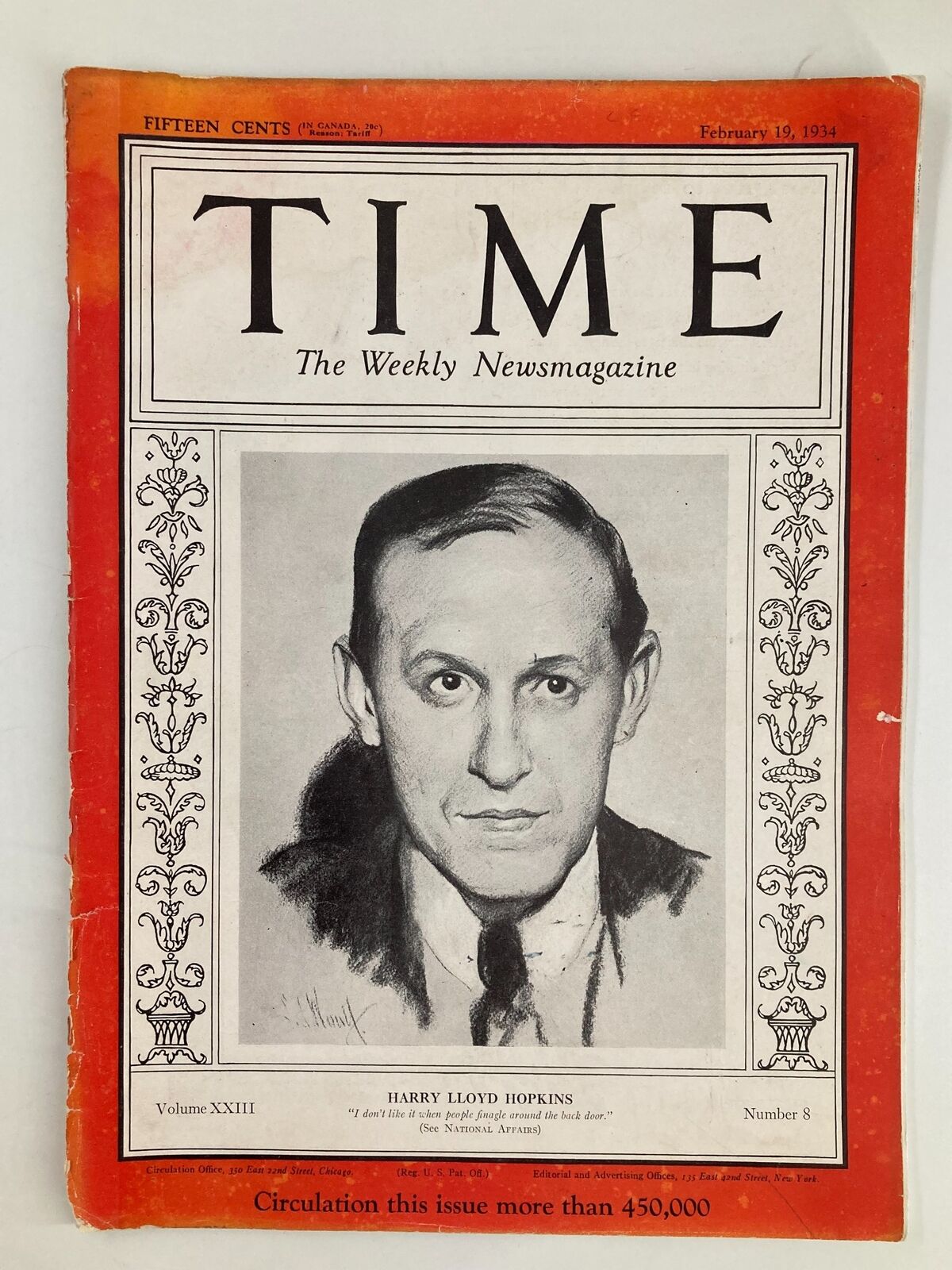 VTG Time Magazine February 19 1934 Vol 23 #8 Harry Lloyd Hopkins