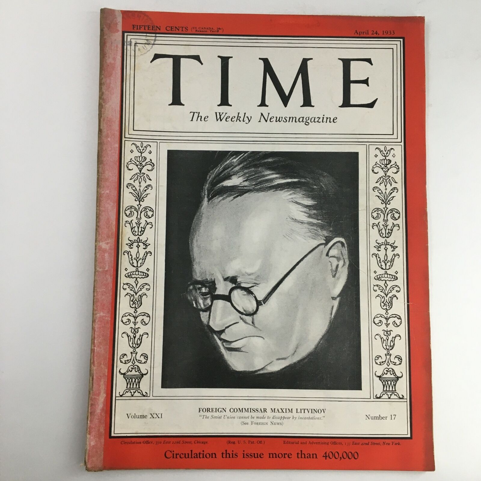 Time Magazine April 24 1933 Vol 21 #17 Foreign Commissar Maxim Litvinov