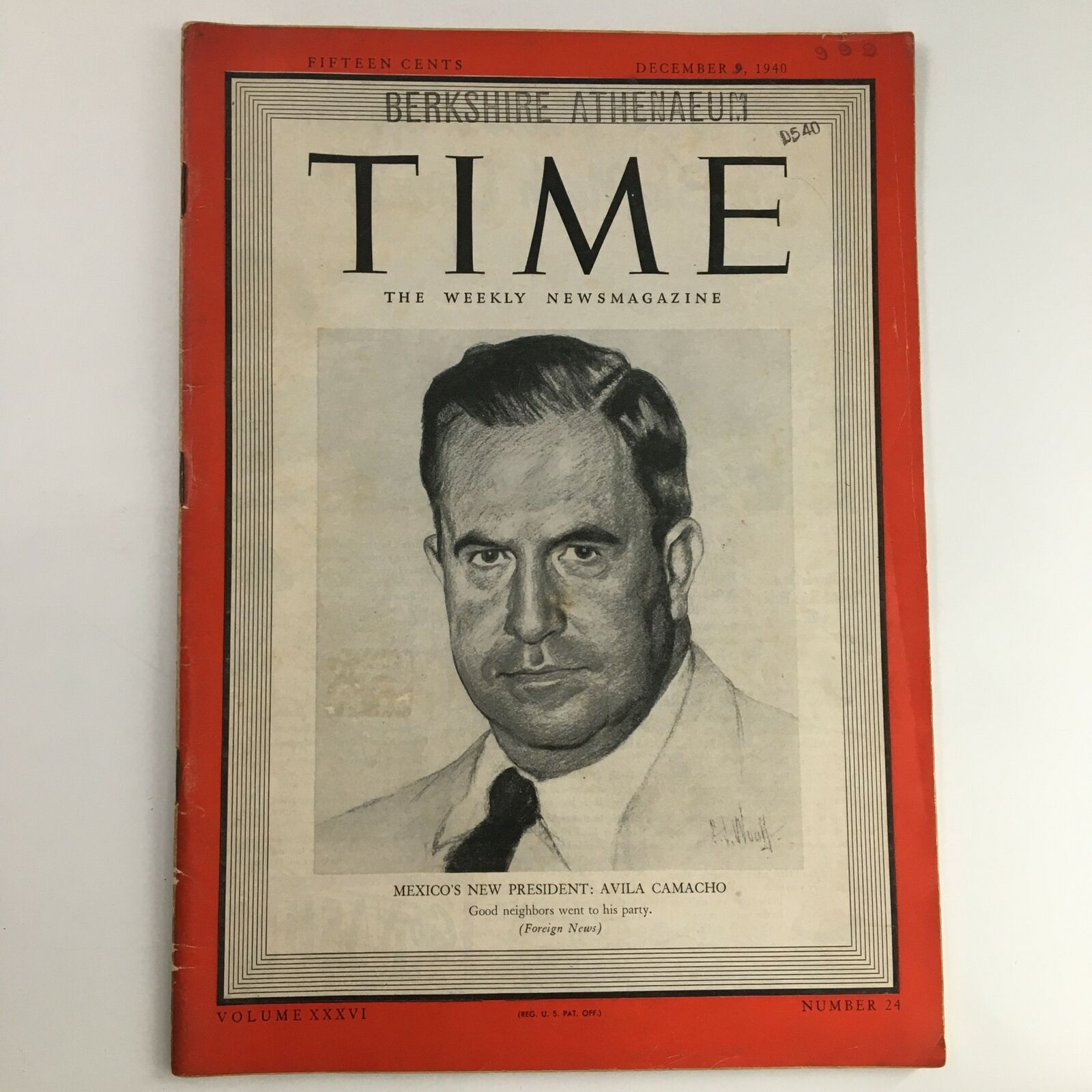 Time Magazine December 9 1940 Vol 36 #24 Mexico President Avila Camacho No Label