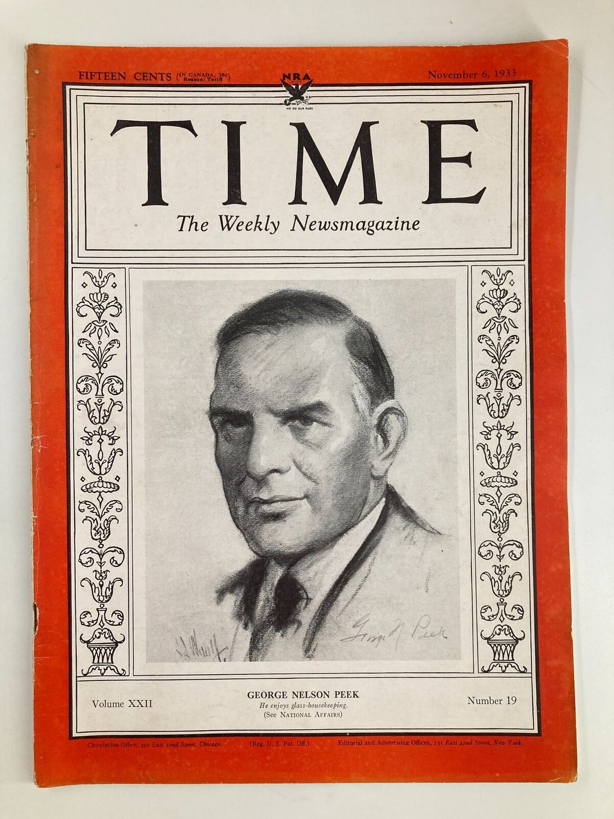 VTG Time Magazine November 6 1933 Vol 22 No. 19 George Nelson Peek