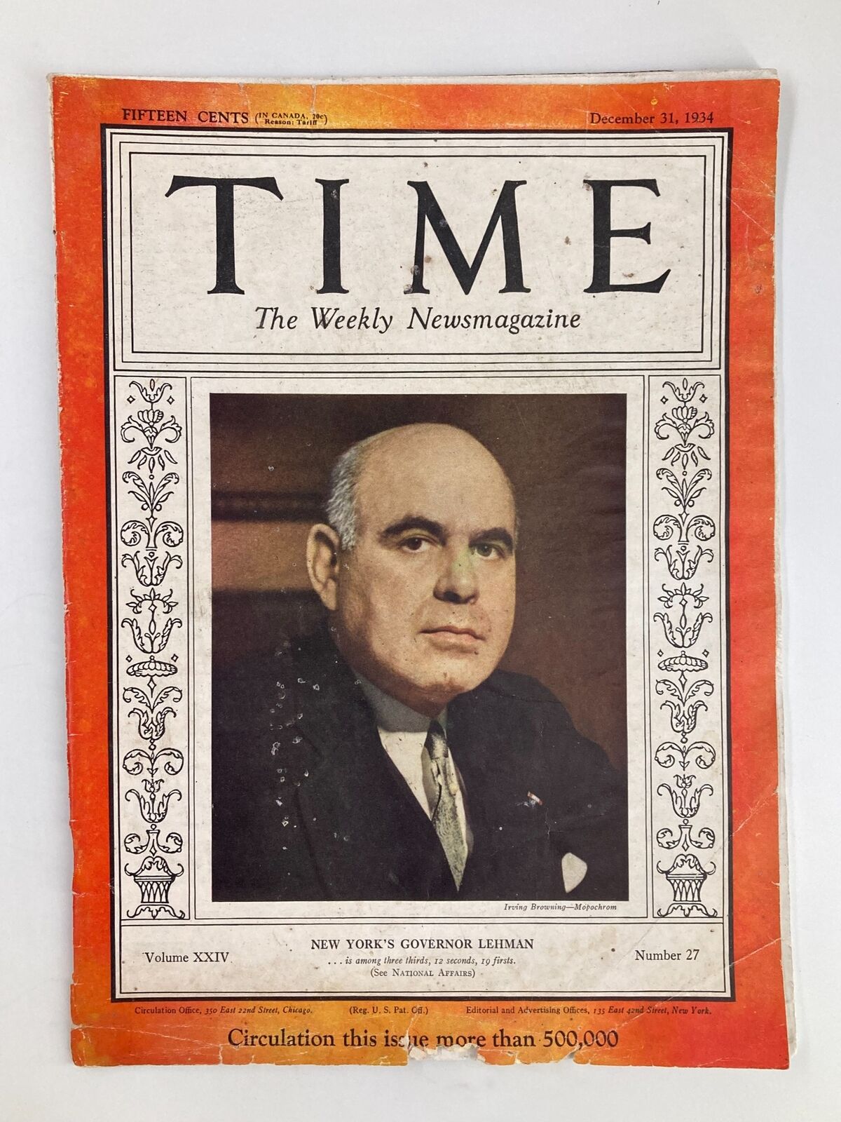 VTG Time Magazine December 31 1934 Vol 24 No. 27 Gov. Herbert H. Lehman