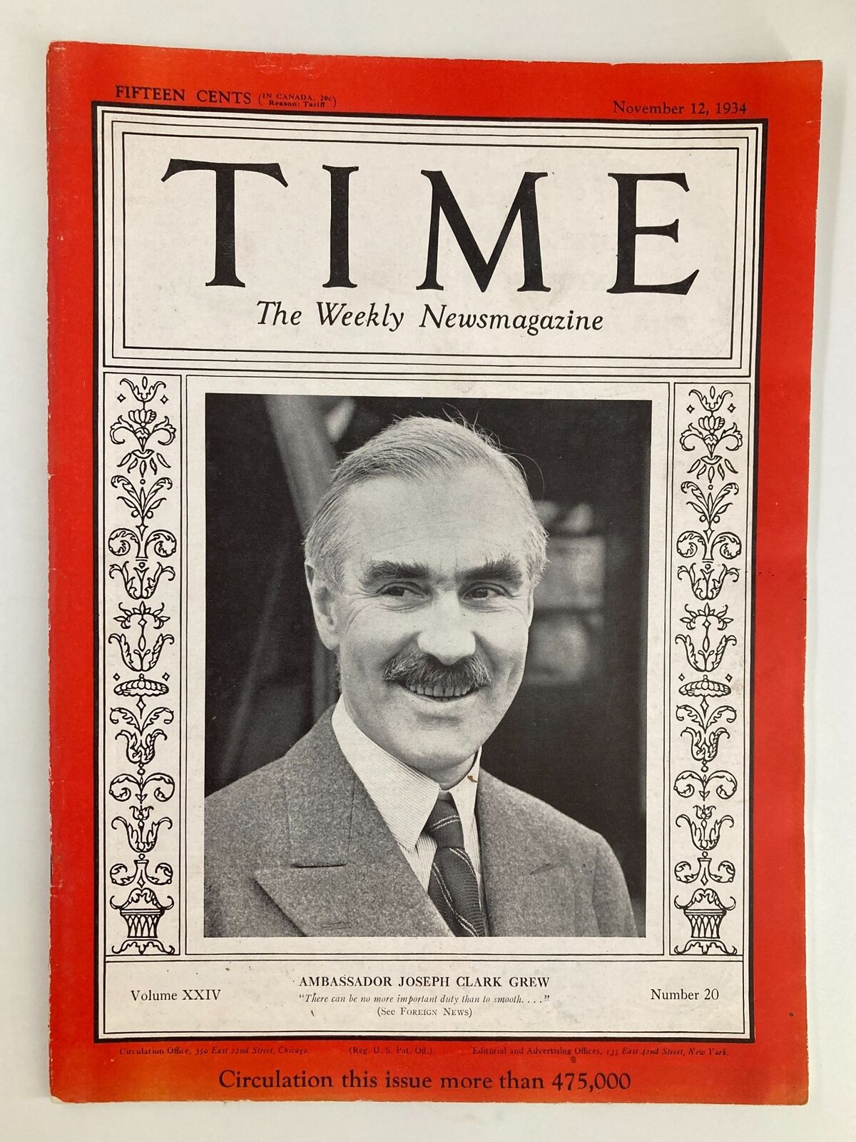 VTG Time Magazine November 12 1934 Vol 24 No. 20 Ambassador Joseph Clark Grew