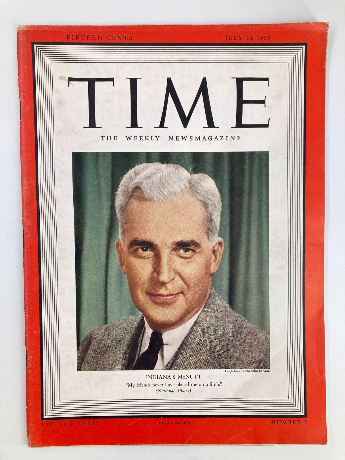 VTG Time Magazine July 10 1939 Vol 34 No. 2 Indiana's Paul V. McNutt