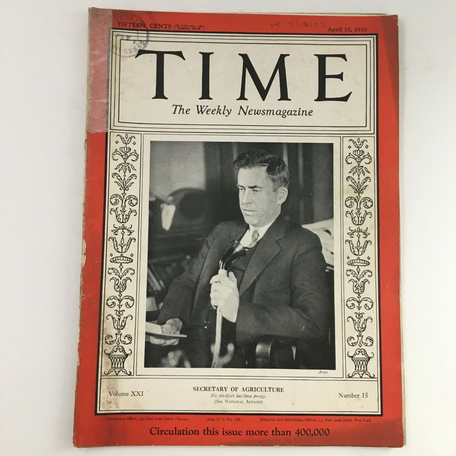 Time Magazine April 10 1933 Vol 21 #15 Sec. of Agriculture Henry A. Wallace