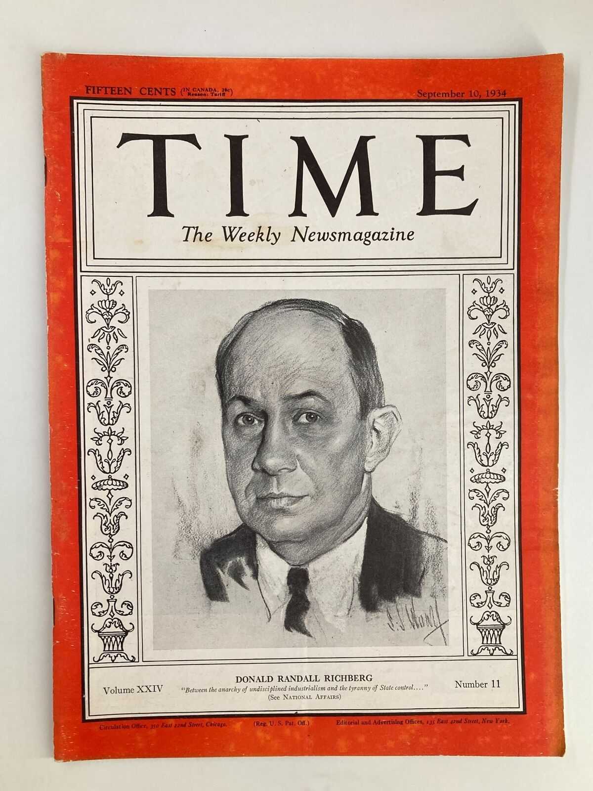 VTG Time Magazine September 10 1934 Vol 24 No. 11 Donald Randall Richberg