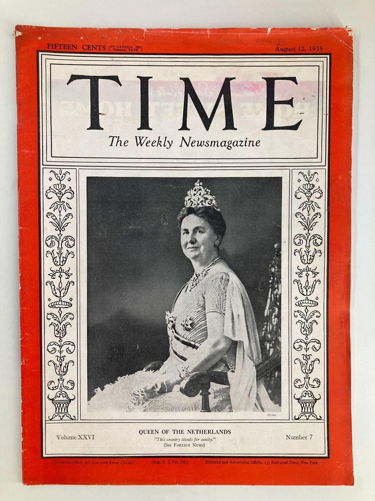 VTG Time Magazine August 12 1935 Vol 26 No. 7 Queen of the Netherlands