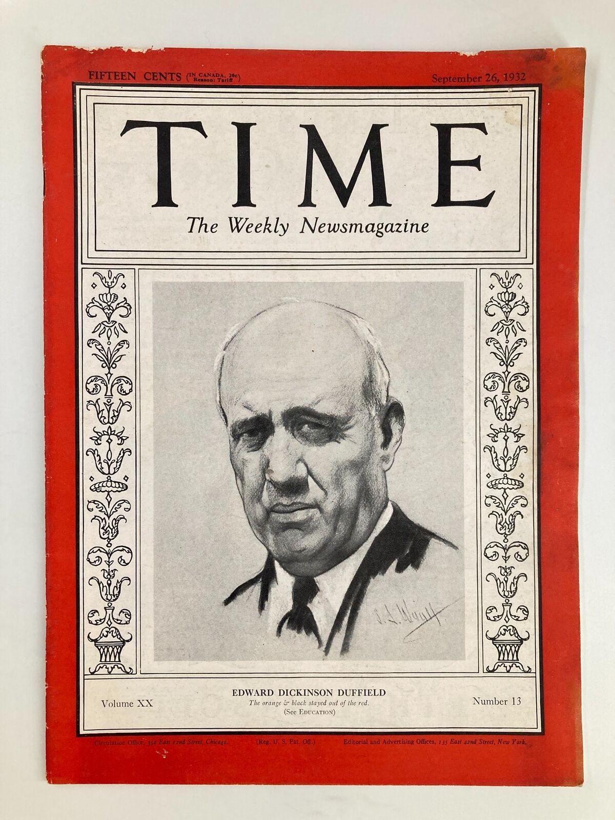 VTG Time Magazine September 26 1932 Vol 20 No. 13 Edward Dickinson Duffield