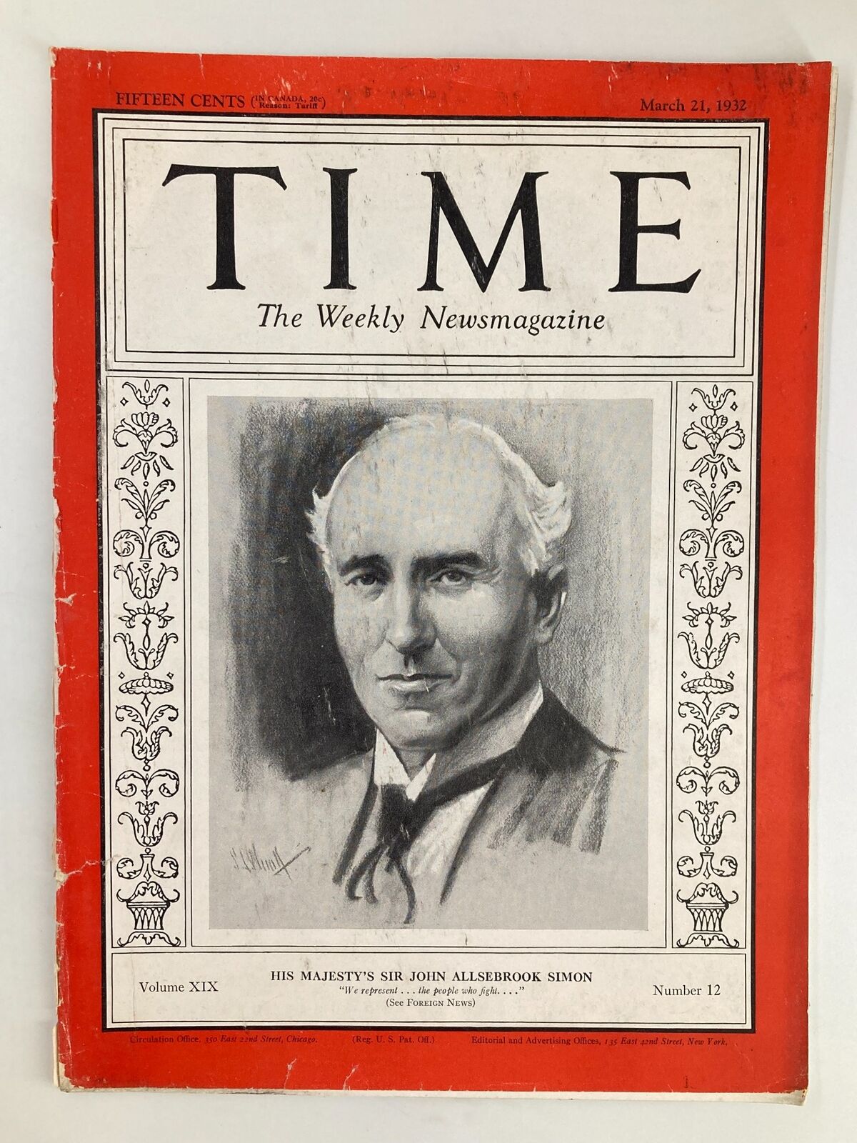 VTG Time Magazine March 21 1932 Vol 19 #12 Sir John Allsebrook Simon