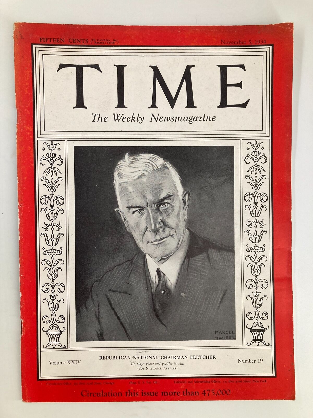 VTG Time Magazine November 5 1934 Vol 24 #19 Chairman Henry Fletcher