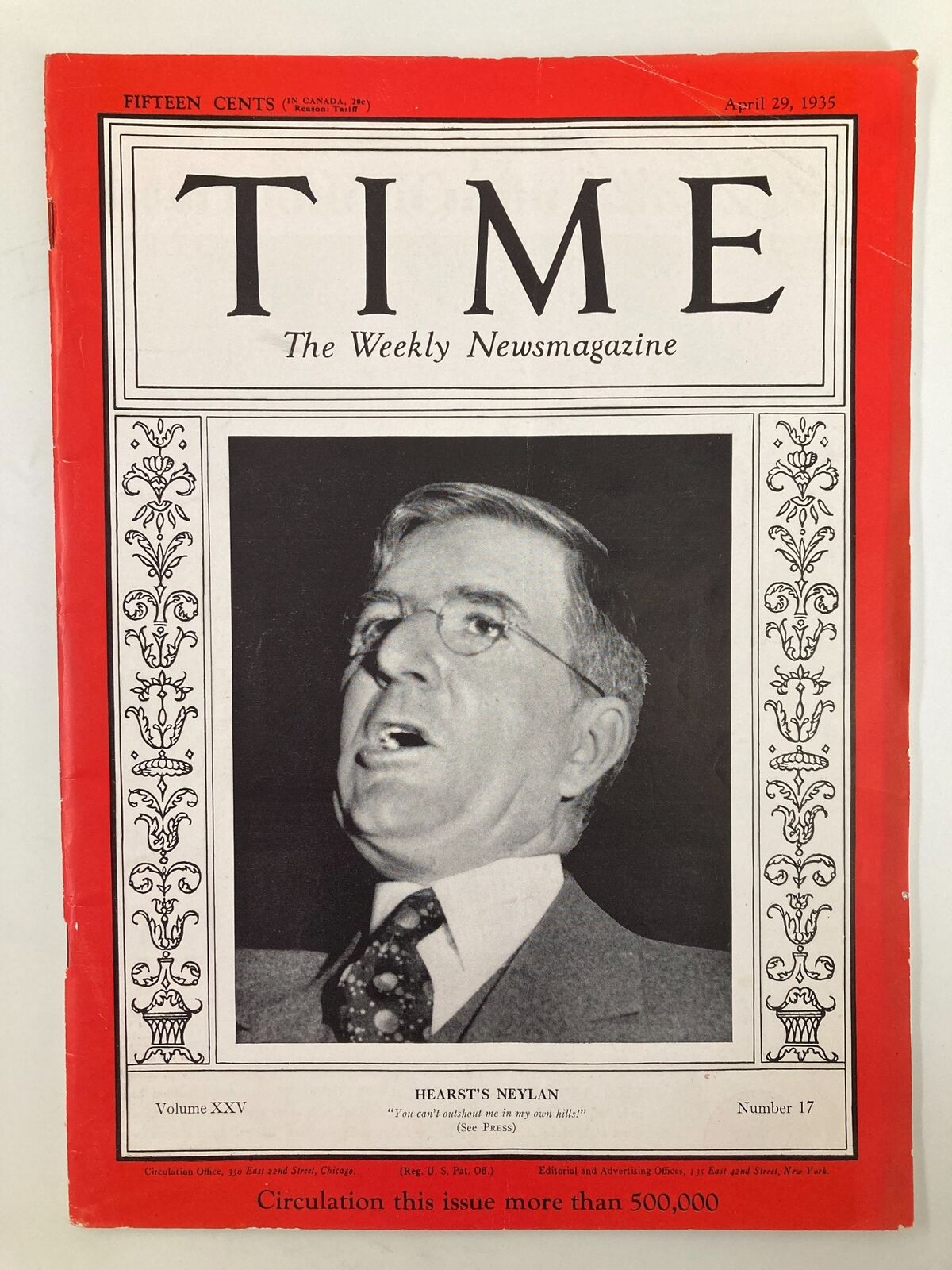 VTG Time Magazine April 29 1935 Vol 25 #17 Hearst's John Francis Neylan