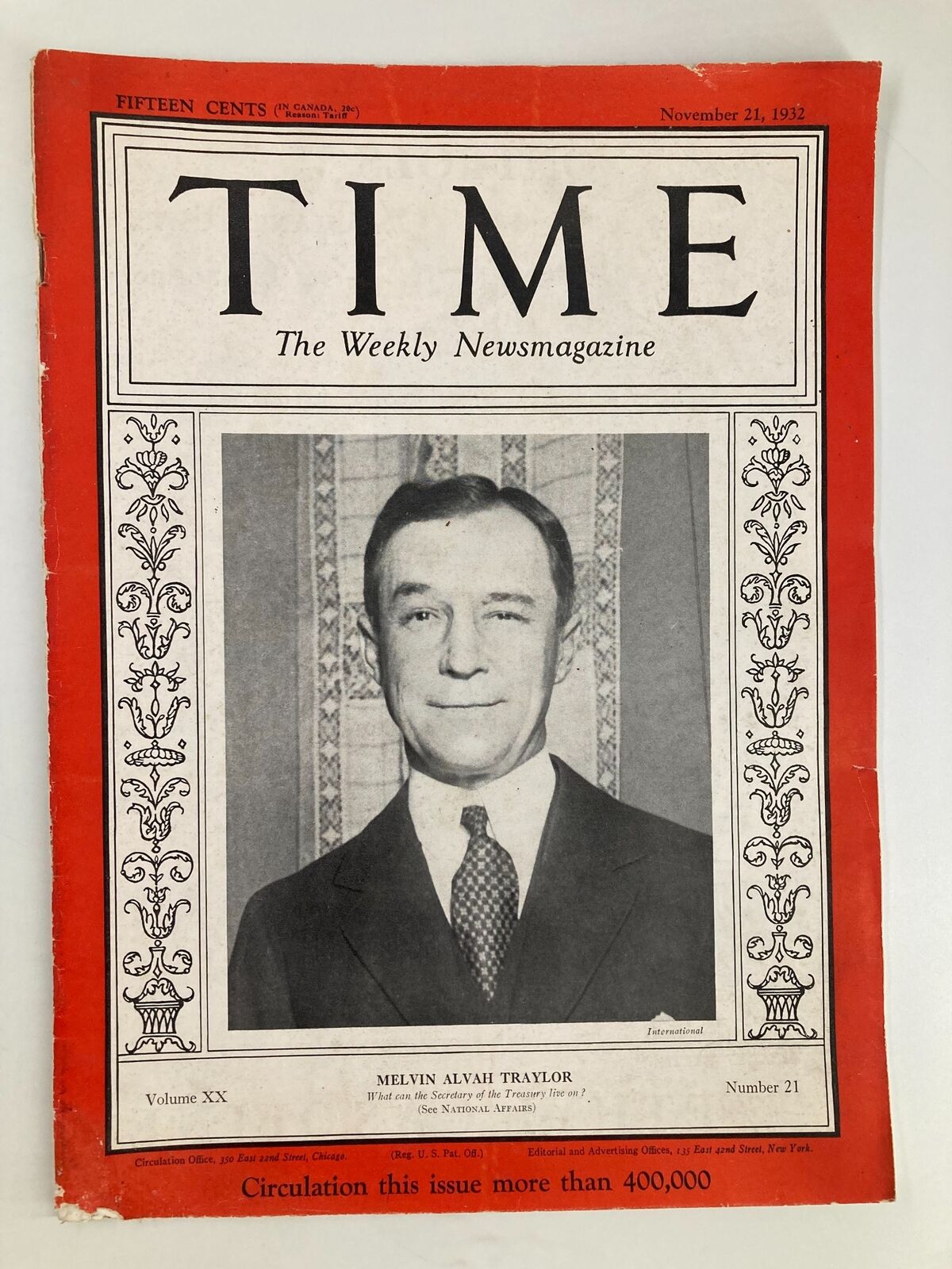 VTG Time Magazine November 21 1932 Vol 20 No. 21 Melvin Alvah Traylor