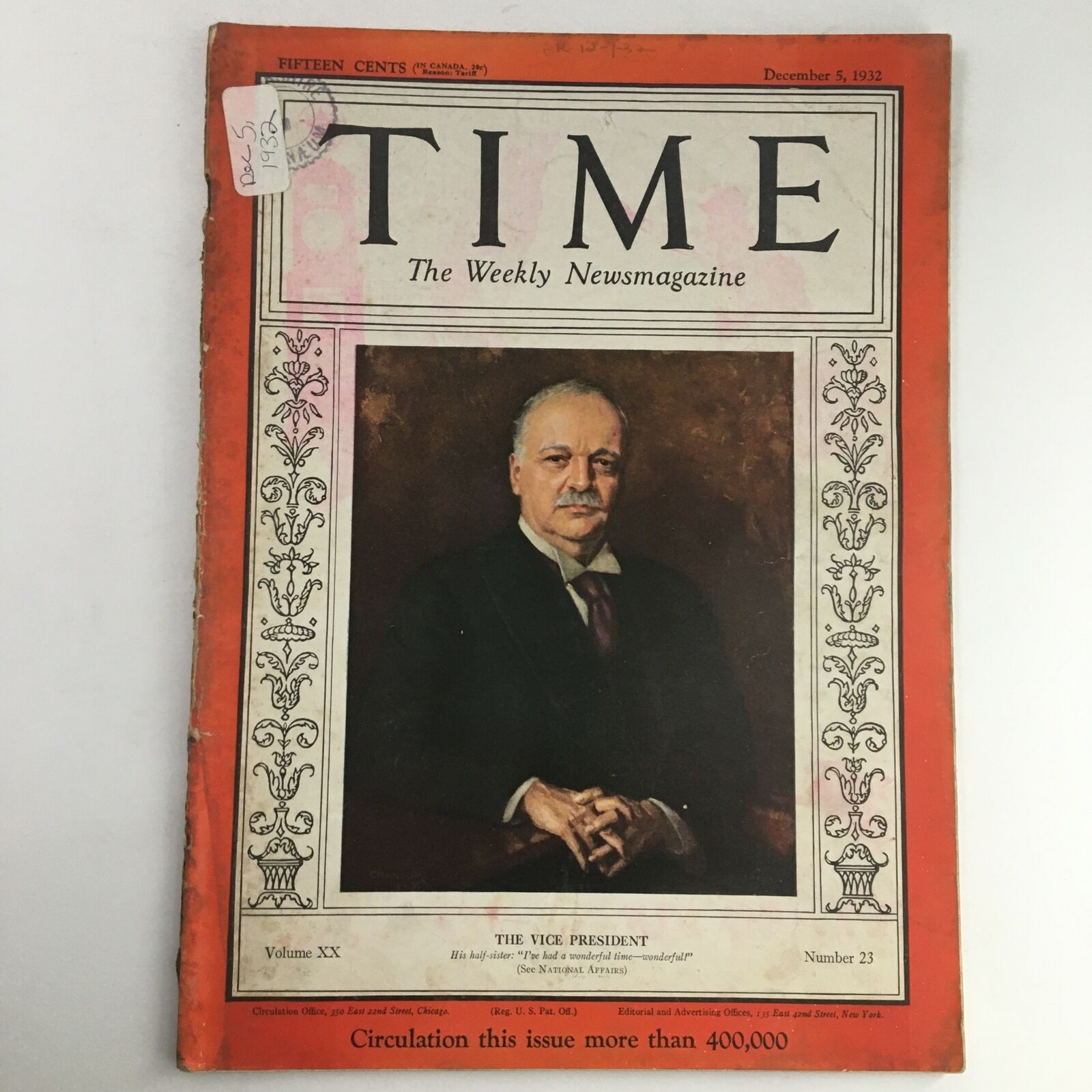 Time Magazine December 5 1932 Vol 20 #23 Vice President Charles Curtis