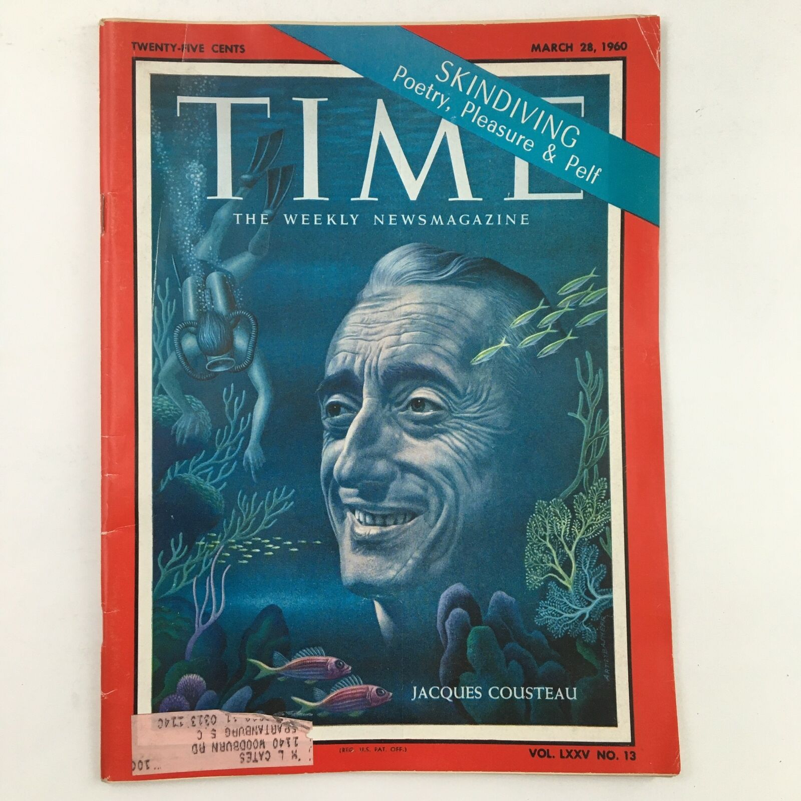 Time Magazine March 28 1960 Vol. 75 No. 13 Skindiving & Poetry Jacques Cousteau