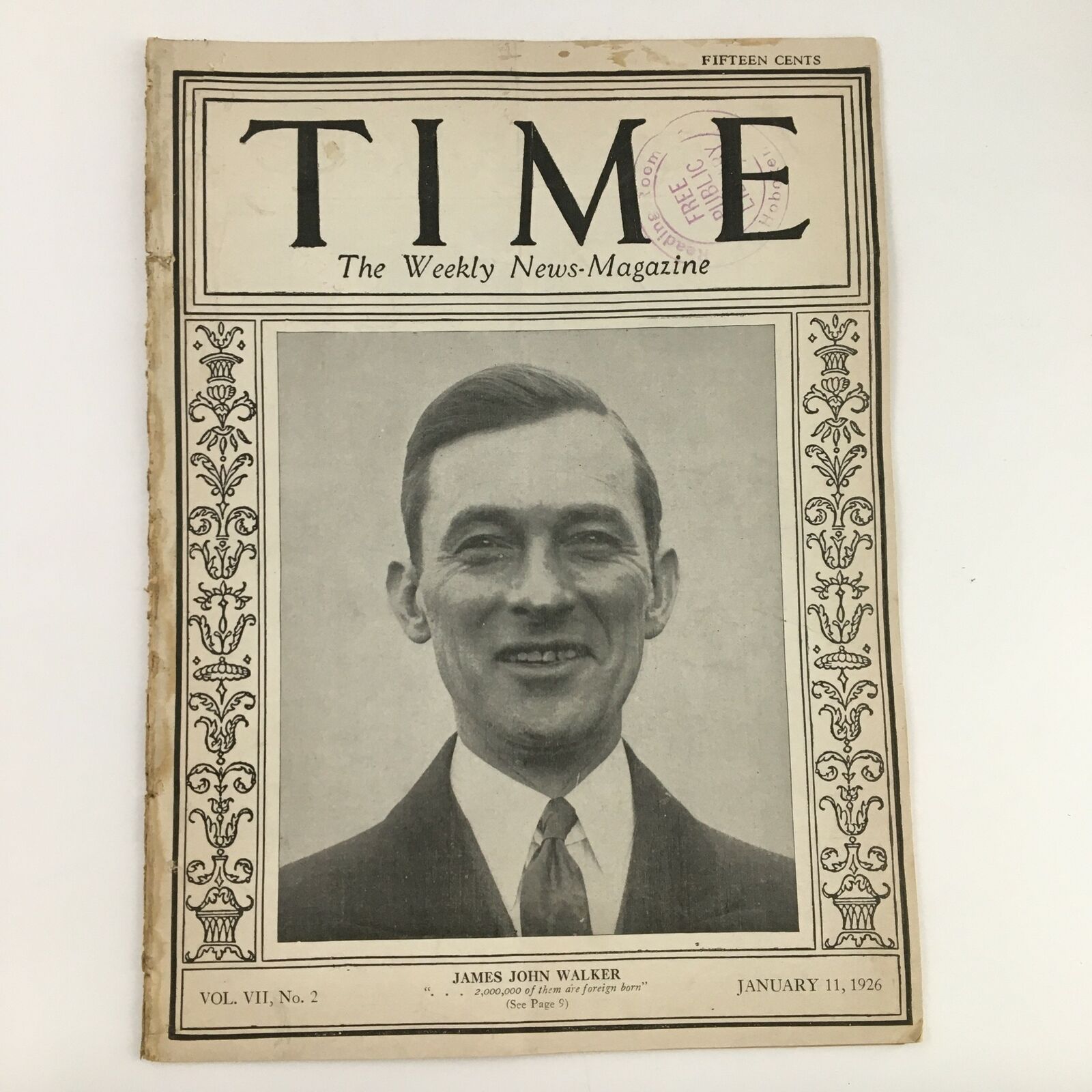 VTG Time Magazine January 11 1926 Vol. VII No. 2 James John Walker