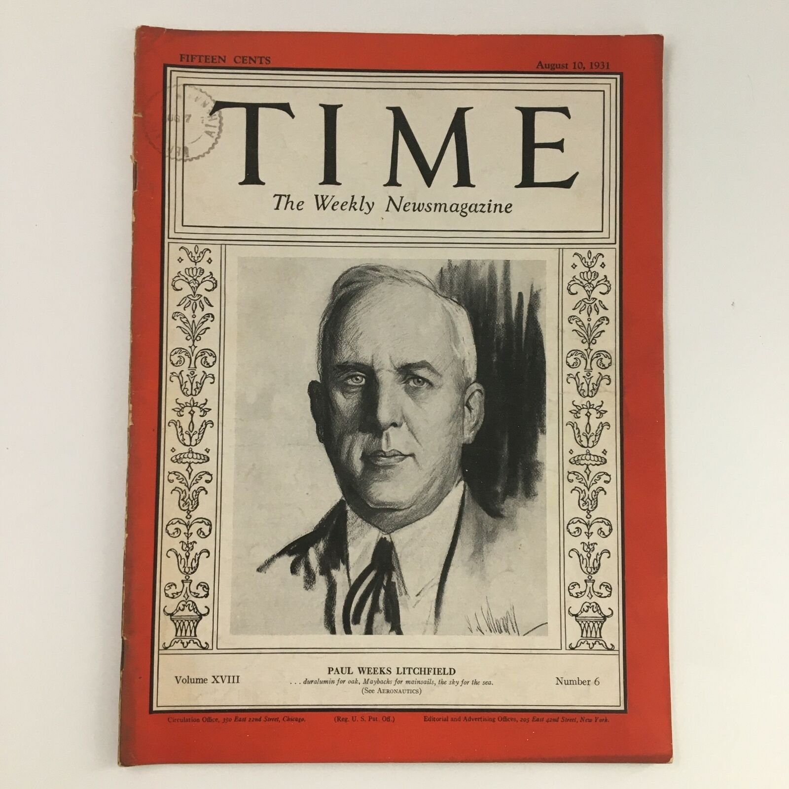 Time Magazine August 10 1931 Vol 18 #6 American Inventor Paul Weeks Litchfield