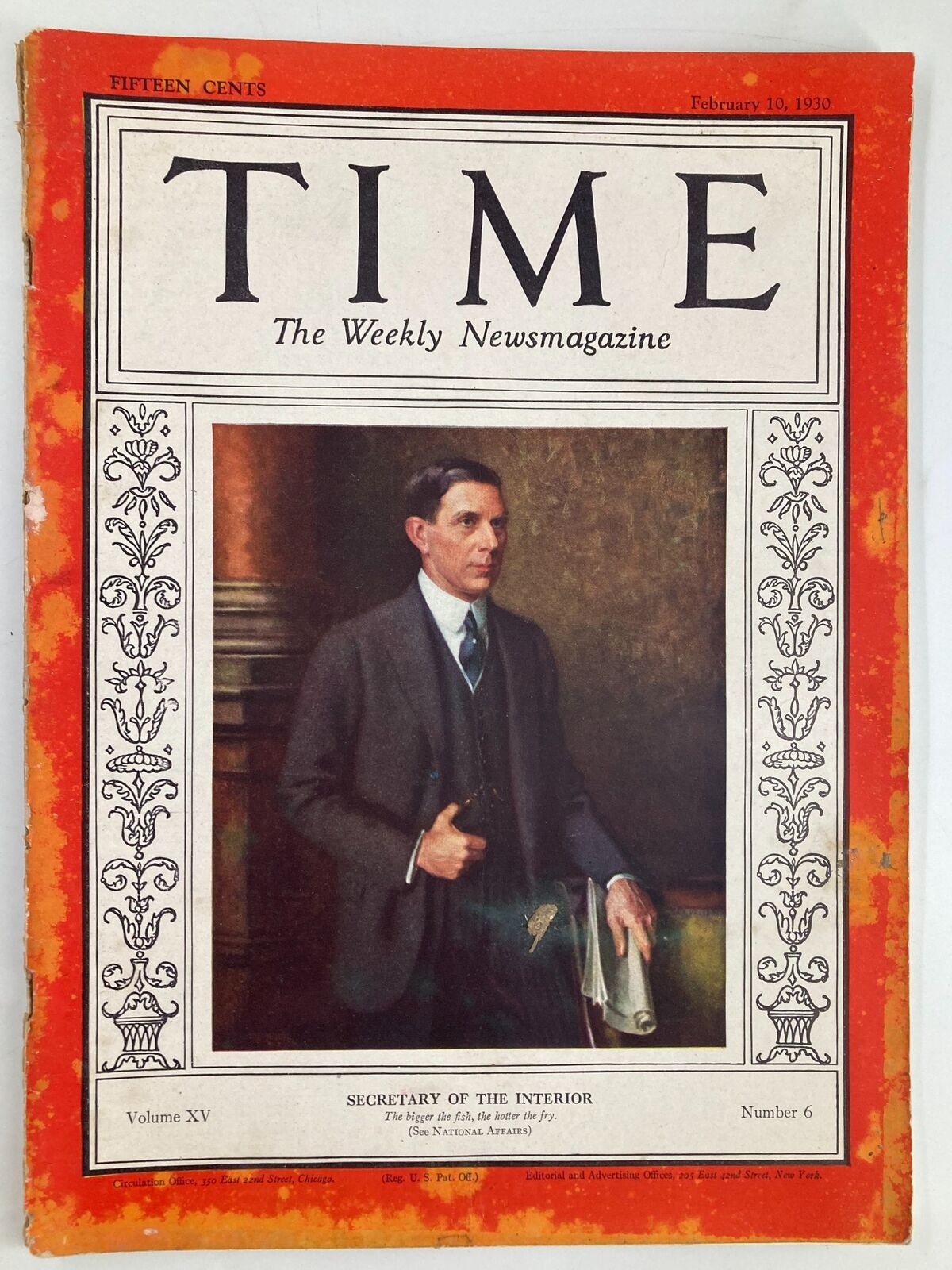 VTG Time Magazine February 10 1930 Vol 15 No. 6 Sec. of Interior Ray L. Wilbur