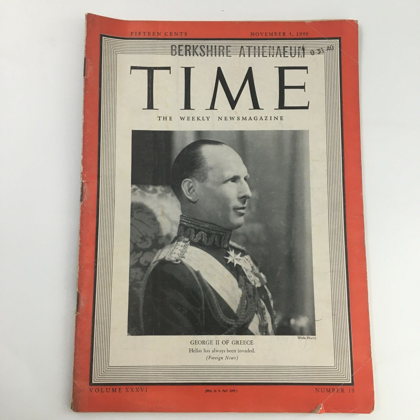 Time Magazine November 4 1940 Vol 36 #19 George II of Greece, No Label