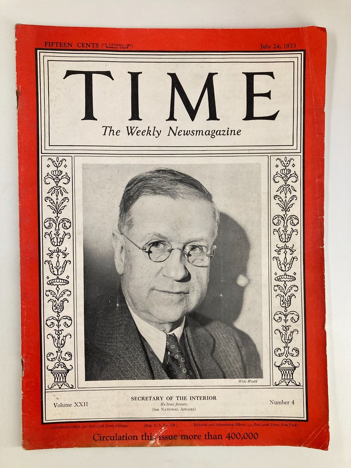 VTG Time Magazine July 24 1933 Vol. 22 No. 4 Secretary Harold L. Ickes