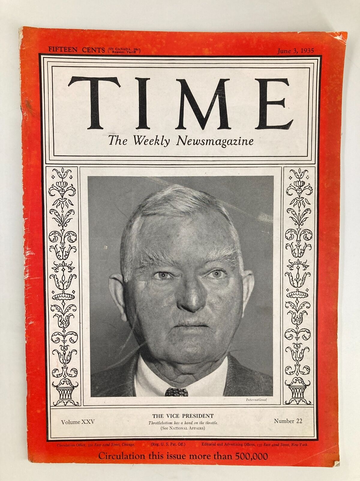 VTG Time Magazine June 3 1935 Vol 25 No. 22 Vice President John Nance Garner