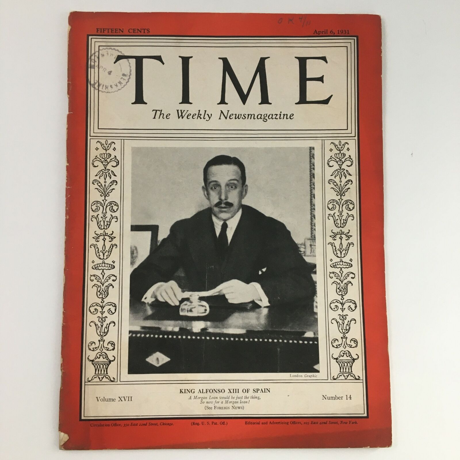 Time Magazine April 6 1931 Vol 17 #14 'The African' King Alfonso XIII of Spain