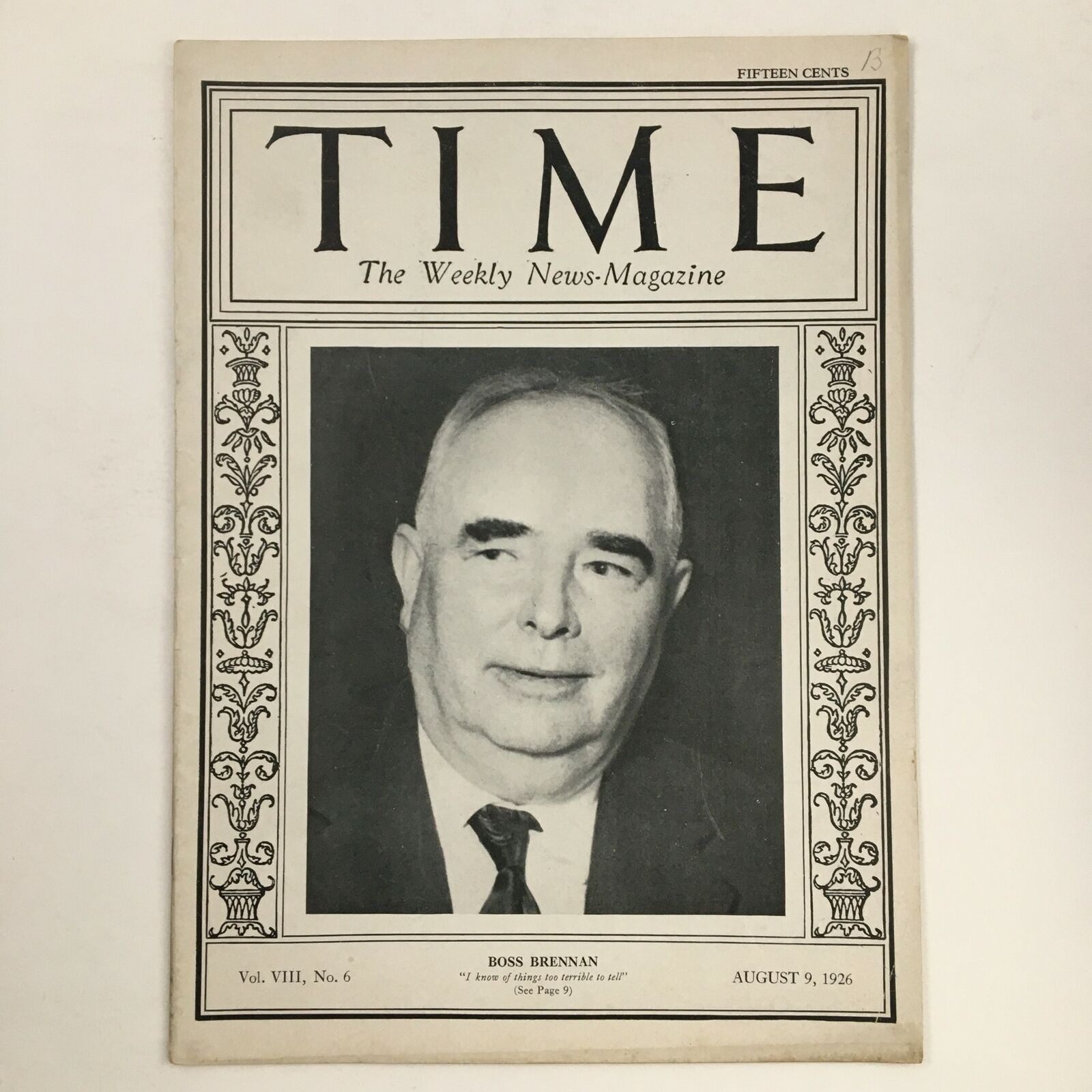 VTG Time Magazine August 9 1926 Vol VIII No. 6 Democratic Boss George E. Brennan