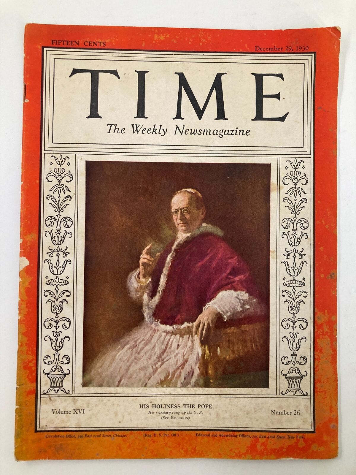 VTG Time Magazine December 29 1930 Vol 16 #26 His Holliness The Pope Pius XI