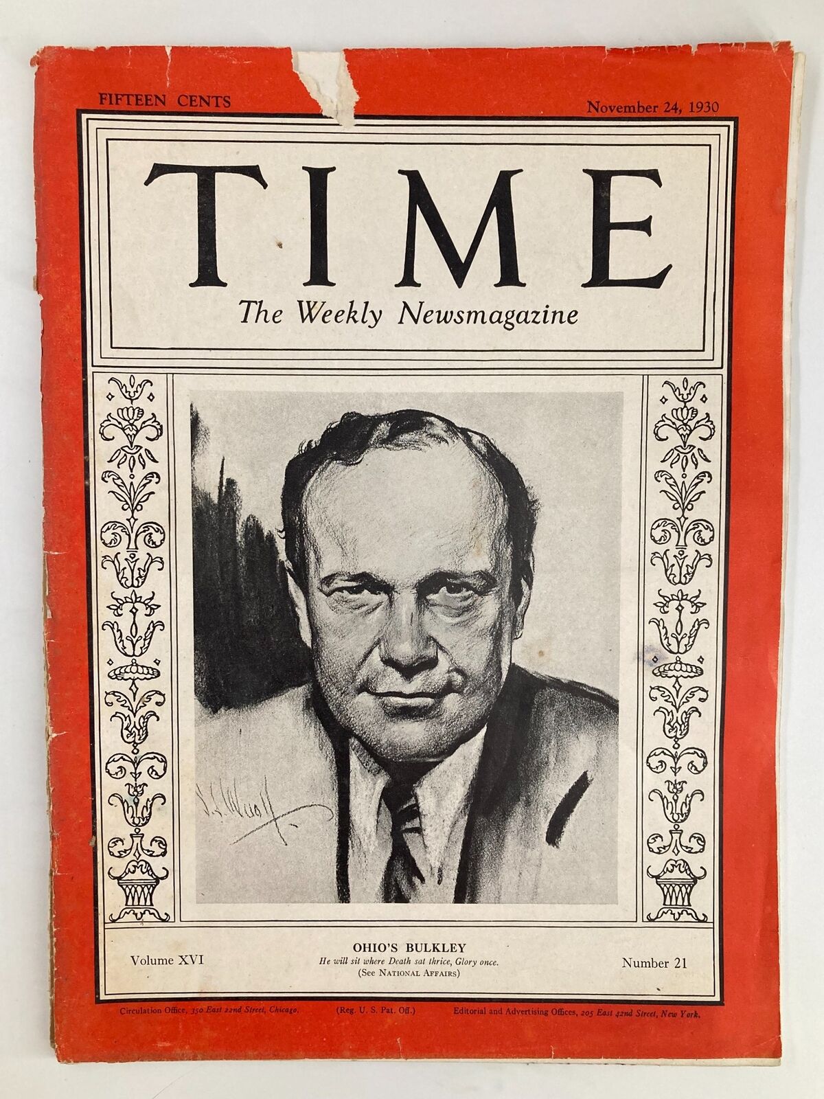 VTG Time Magazine November 24 1930 Vol 16 No. 21 Ohio's Robert J. Bulkley